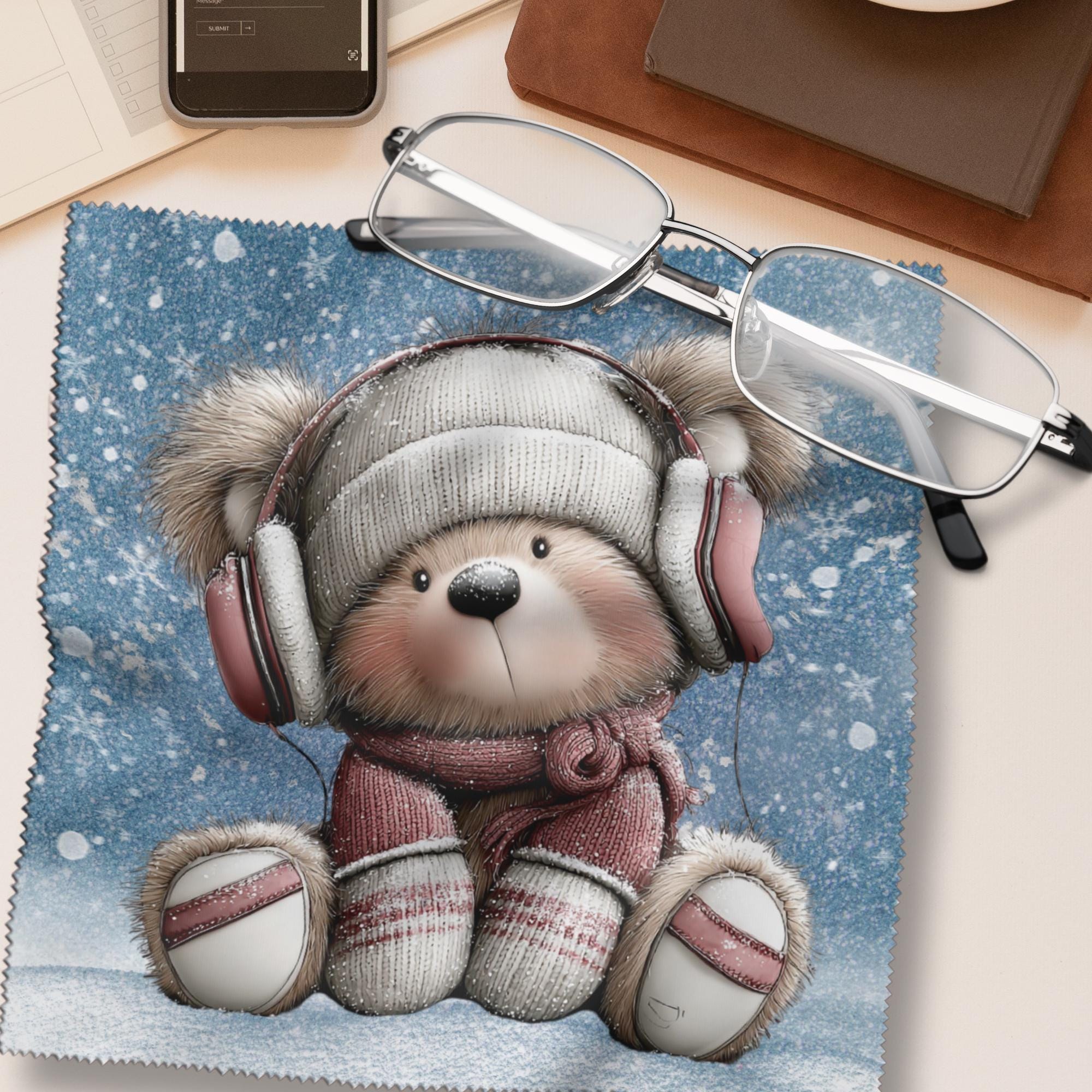 Brillenputztuch Musik Kopfhörer Teddybär bedrucktes Mikrofasertuch für Brille Display Handy Sonnenbrille Größe 15x15 cm oder 20x20 cm #MC20