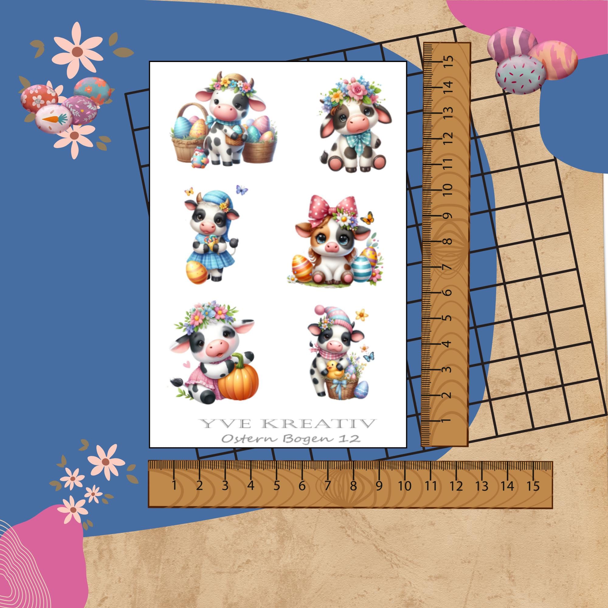 Sticker Bogen " Ostern - Kuh, Eule, Hase" | Sticker Set - Aufkleber 3 Stickerbogen zur Auswahl in Weiß - Transparent - Matt - Glanz #SBA6