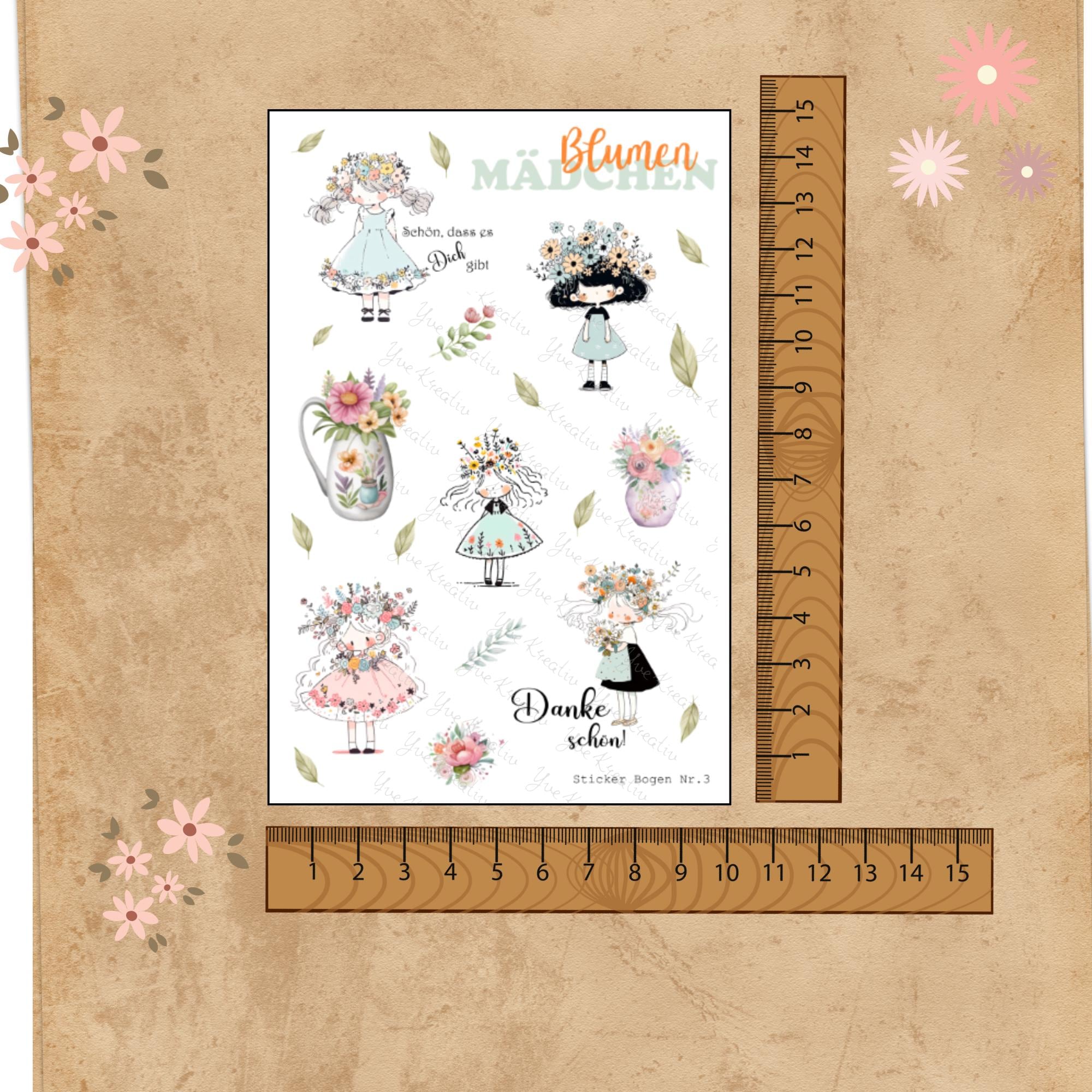 Aufkleber Blumenmädchen Sticker Bogen Blumen Stickerbogen Motivation 3 Bögen zur Auswahl in Weiß - Transparent - Matt - Glanz #SBA6