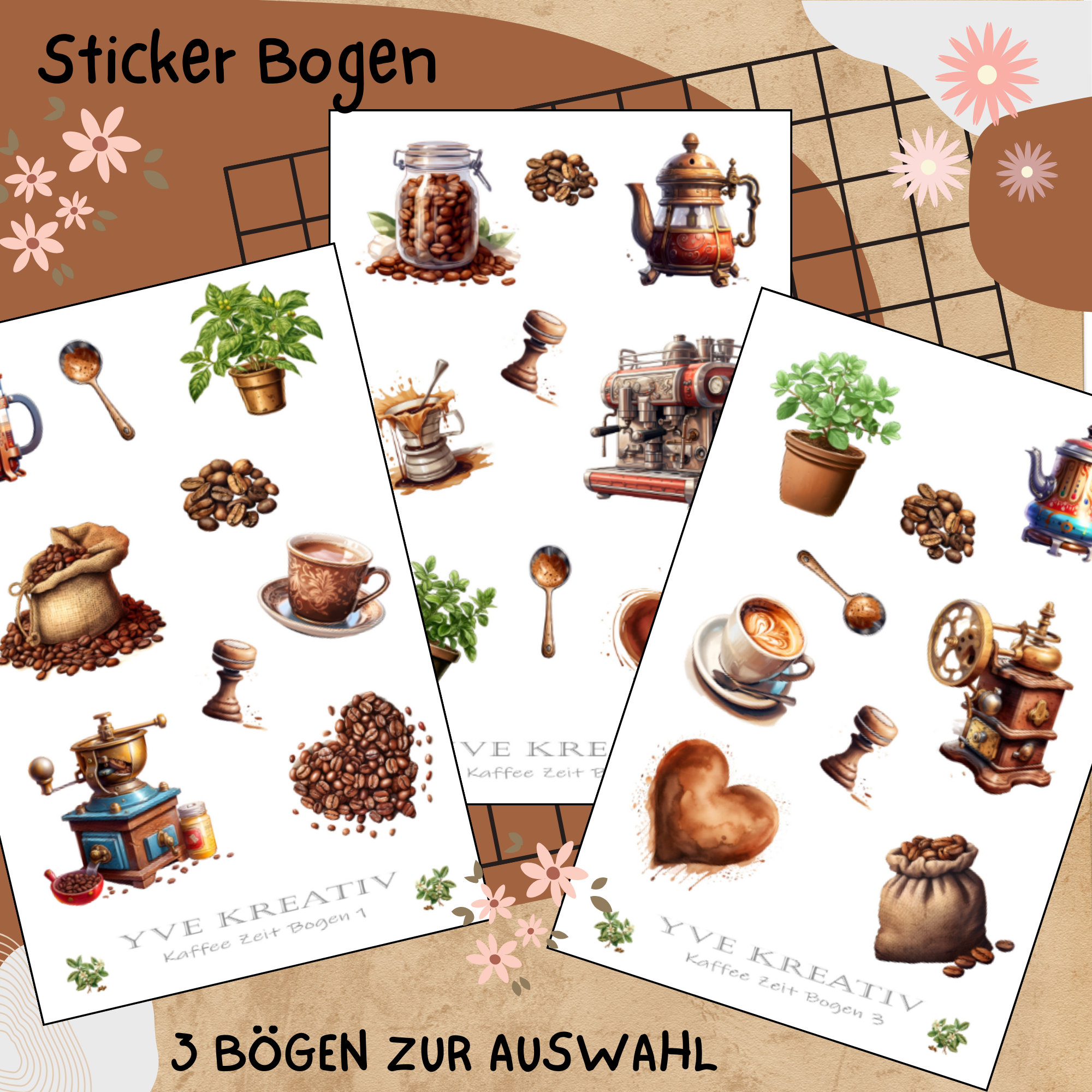 Sticker Bogen " Kaffee - Zeit für Dich " | Sticker Set - Aufkleber 3 Stickerbogen zur Auswahl in Weiß - Transparent - Matt - Glanz  #SBA6
