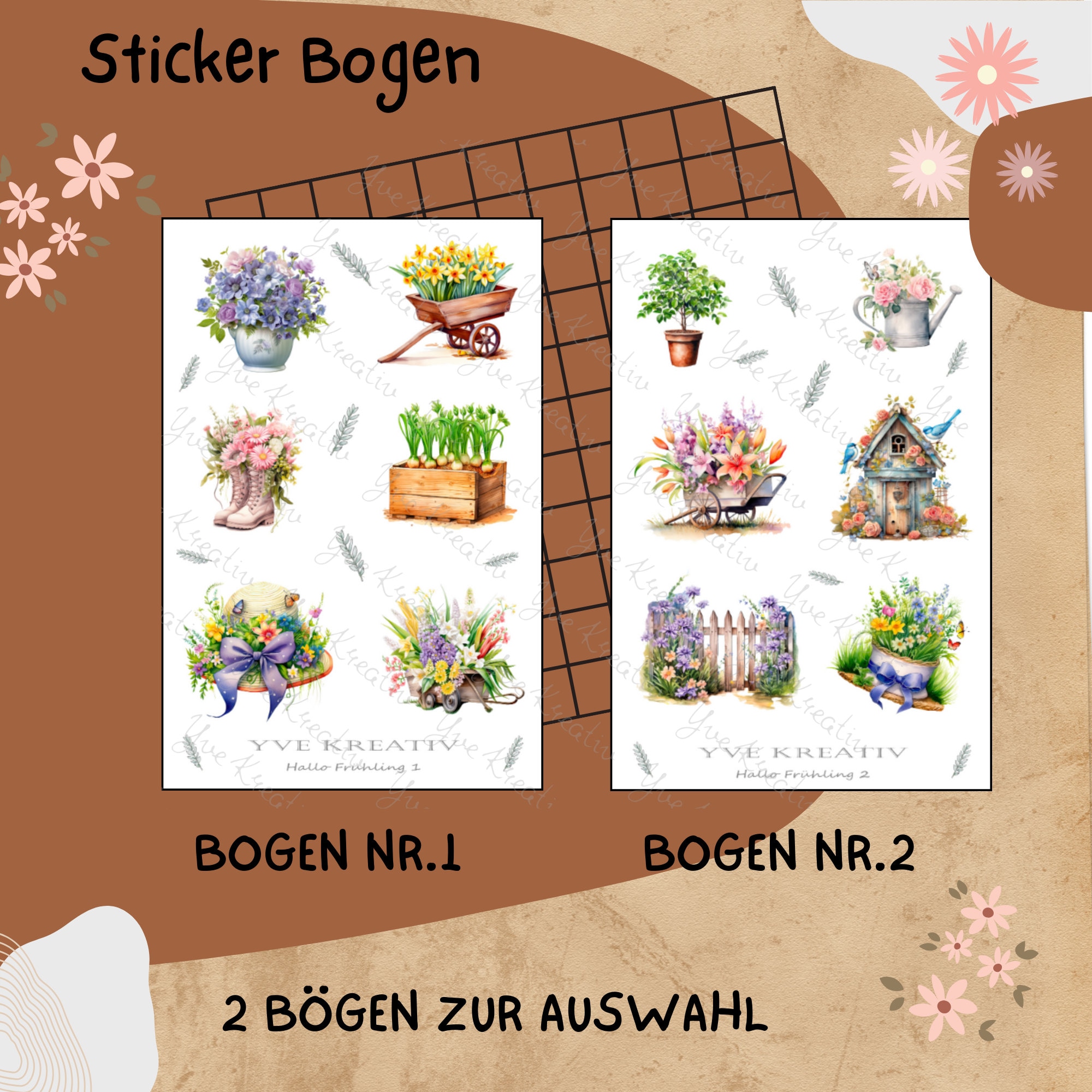 Sticker Bogen "Frühling Garten Pflanzen" | Sticker Set - Aufkleber 2 Stickerbogen zur Auswahl in Weiß - Transparent - Matt - Glanz