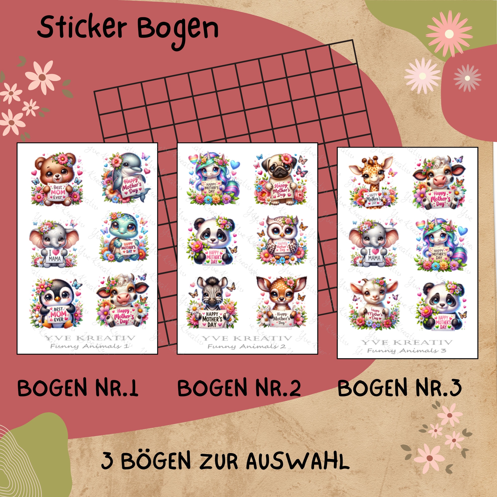 Sticker Bogen "Niedliche Tiere zum Muttertag" | Sticker Set - Aufkleber 3 Stickerbogen zur Auswahl in Weiß - Transparent - Matt - Glanz