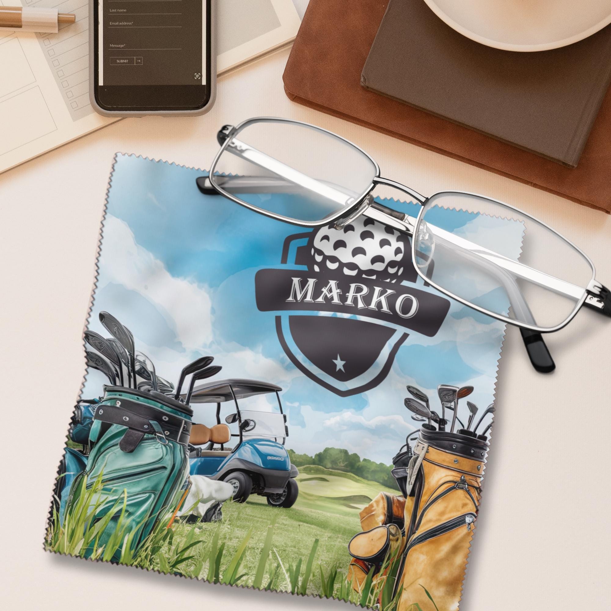 Brillenputztuch Geschenk Golfer Golfspieler personalisiert mit Namen bedrucktes Mikrofasertuch für Brillen Displays Objektive  #SP36P