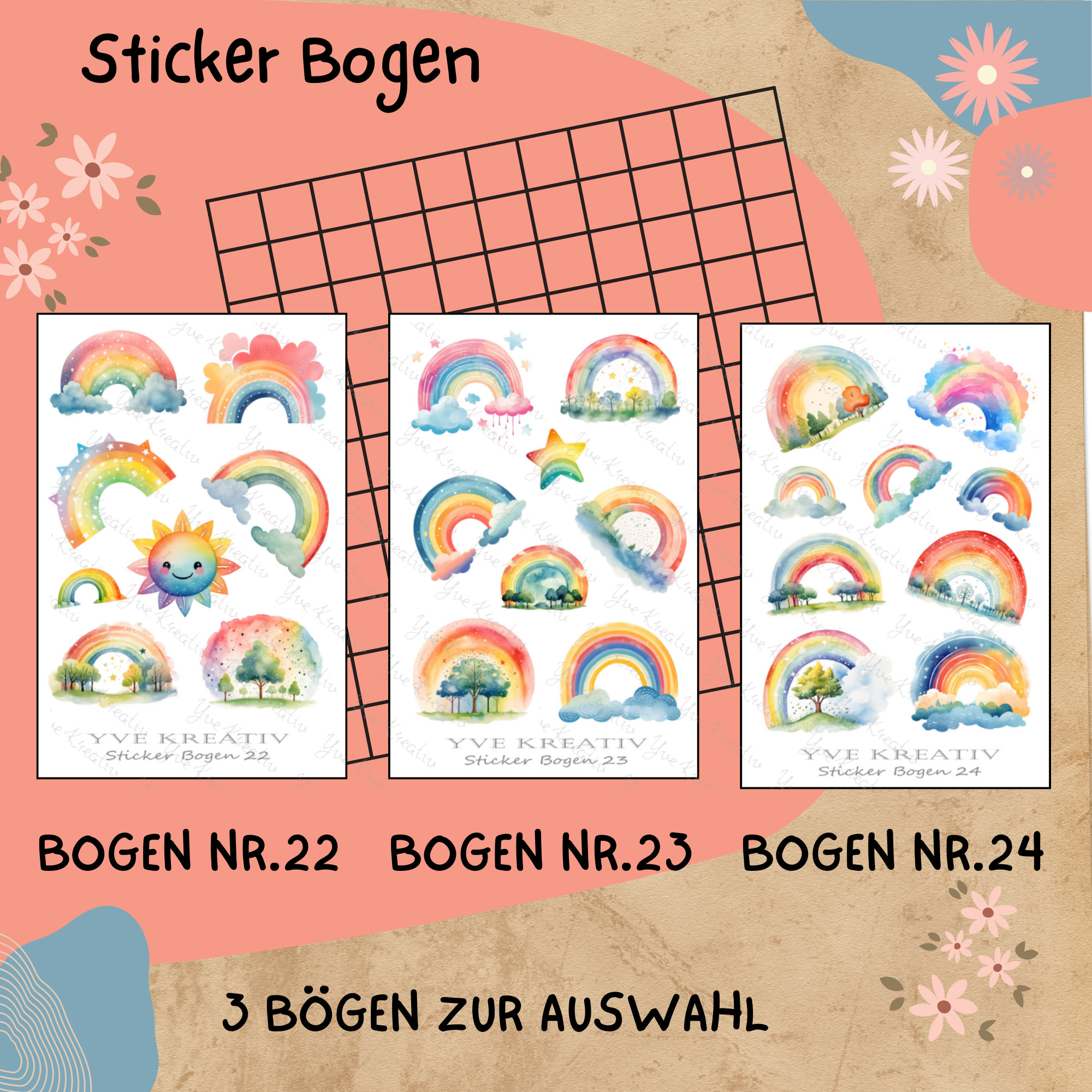 Sticker Bogen " Regenbogen kunterbunt" | Sticker Set - Aufkleber 3 Stickerbogen zur Auswahl in Weiß - Transparent - Matt - Glanz