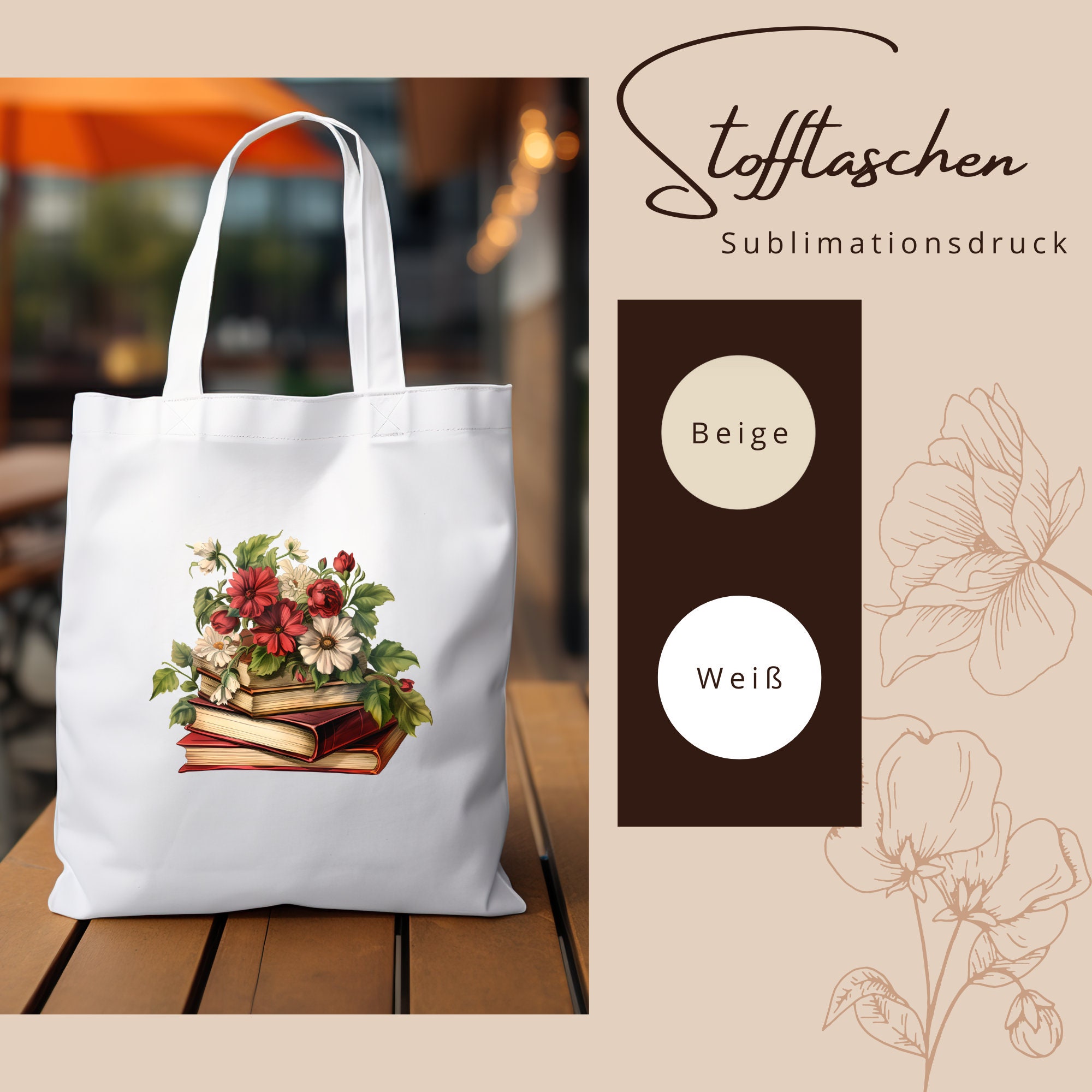 Stofftasche, Stoffbeutel, Büchertasche, Einkaufstasche, Tasche, Geschenk zum  Geburtstag, in Weiß oder Beige  #STSUB