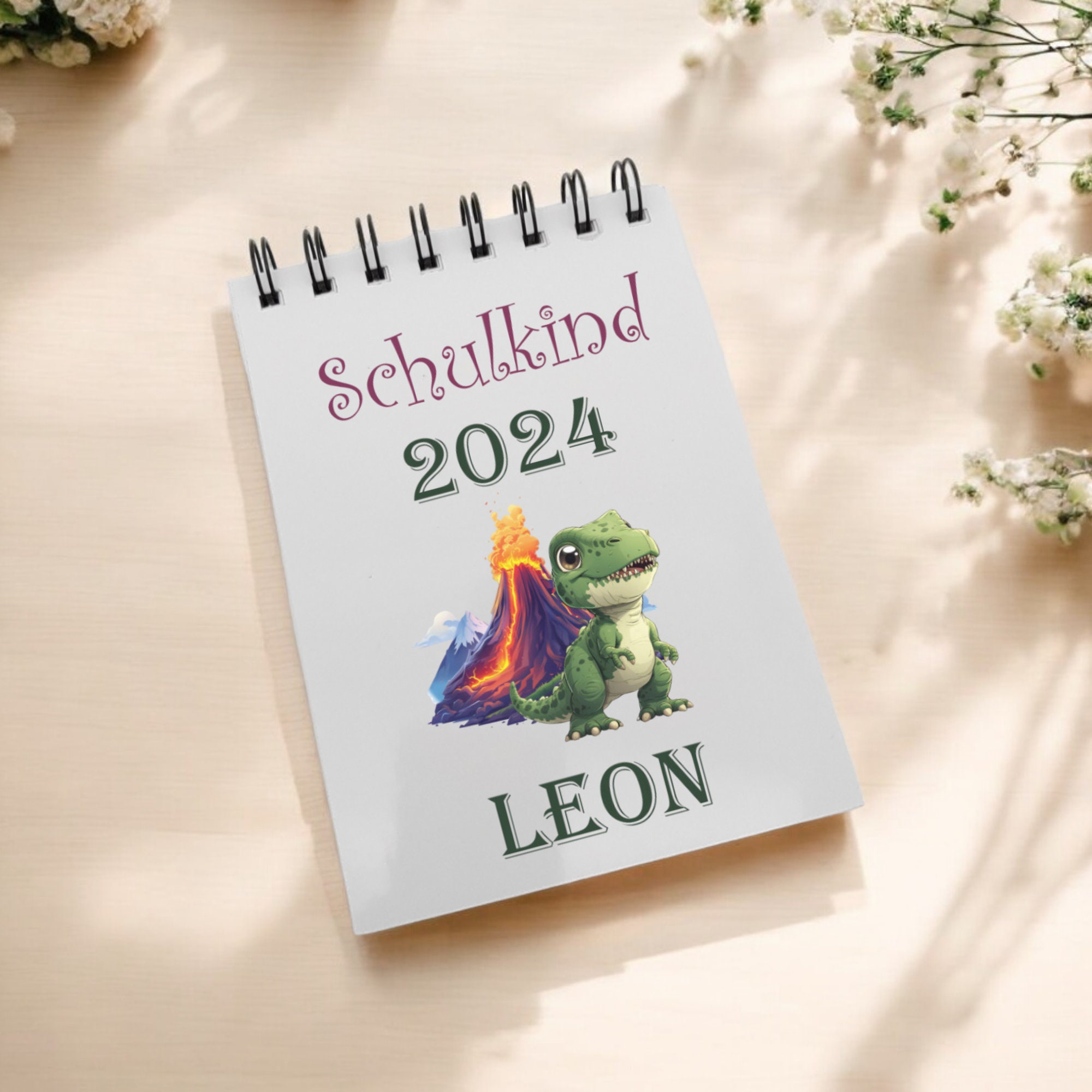 Notizblock personalisiert DIN A6 Ringblock Schreibblock Notizbuch Zettelblock Schulheft Hausaufgabenheft - Schulkind Dinosaurier  #A6SO