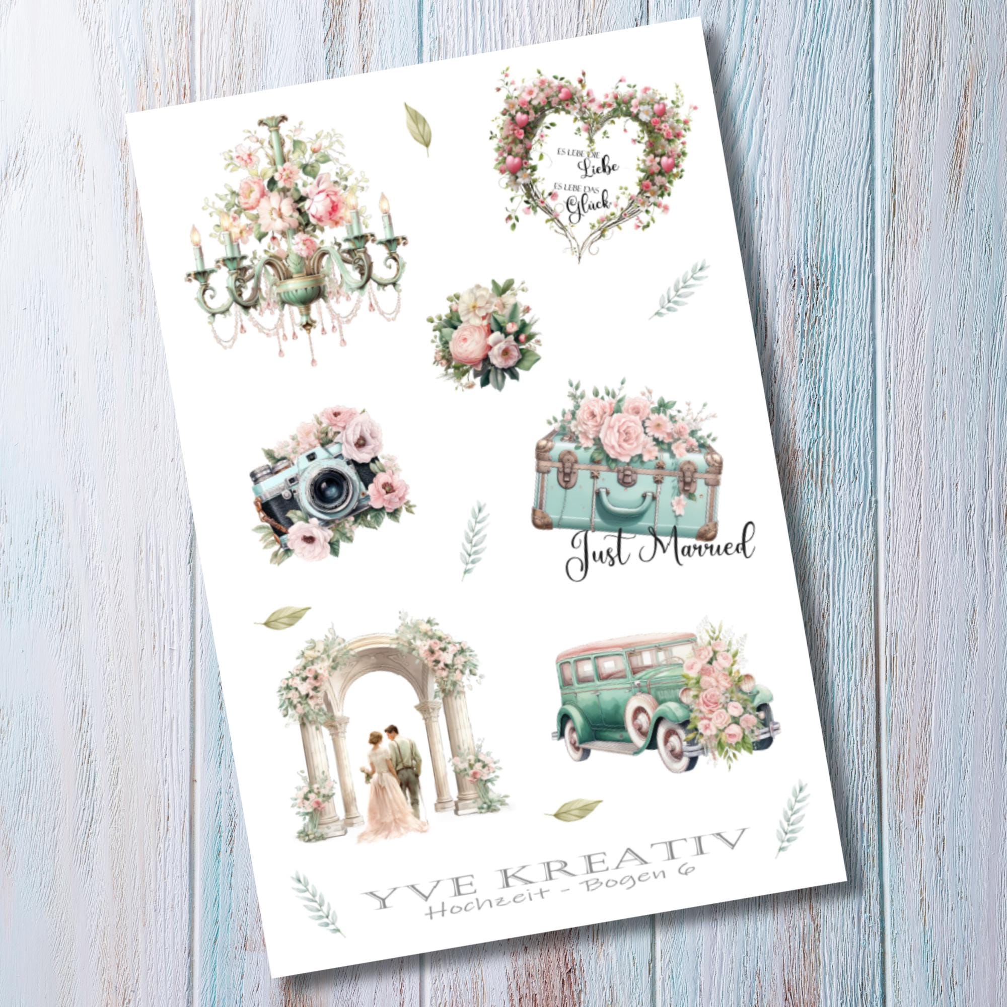 Aufkleber Hochzeit Sticker Bogen Hochzeitsfeier Stickerbogen zur Auswahl in Weiß - Transparent - Matt - Glanz  #SBA6