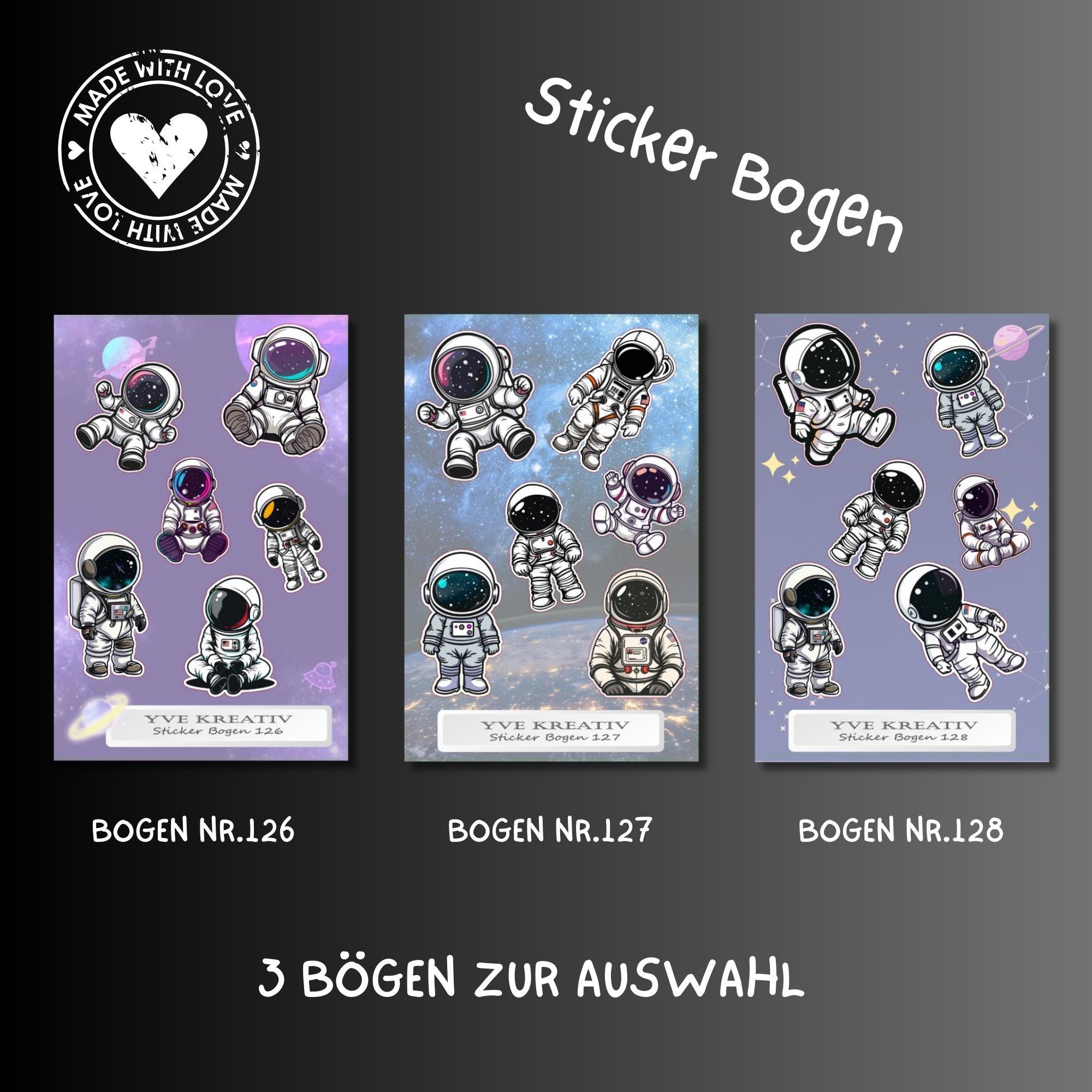 Aufkleber Bogen "Astronaut Weltall" | Sticker Set - Aufkleber 3 Stickerbogen zur Auswahl in Weiß - Transparent - Matt - Glanz  #SBA6