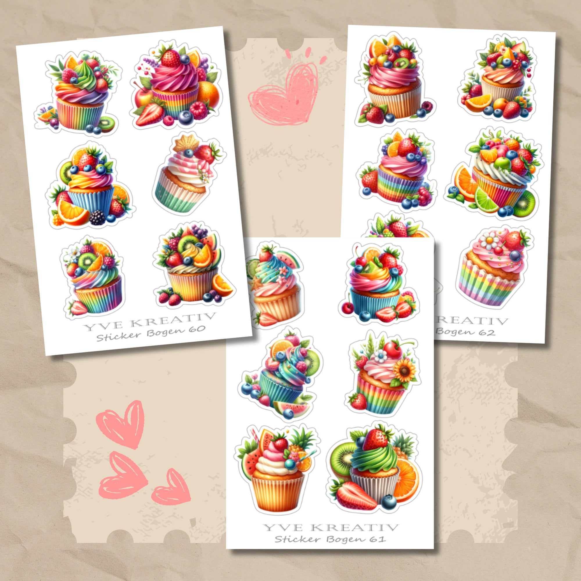 Sticker Bogen, Aufkleber, Cupcake, Muffin | Sticker Set - 3 Stickerbogen zur Auswahl in Weiß - Transparent - Matt - Glanz  #SBA6