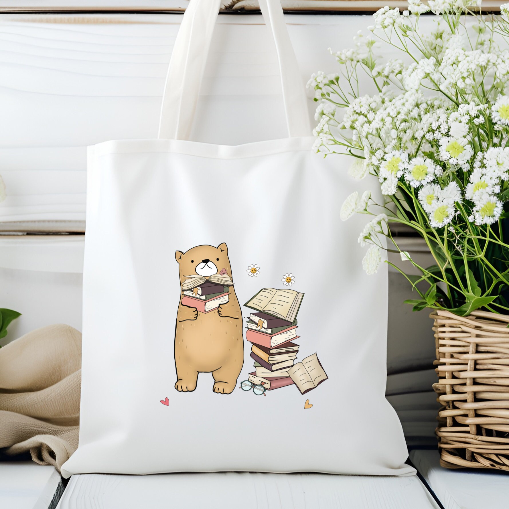 Stofftasche Geschenk für Leseratten Stoffbeutel für Mama Büchertasche Tasche Geschenk zum Geburtstag in Weiß oder Beige "Bücher Bär"  #STSUB