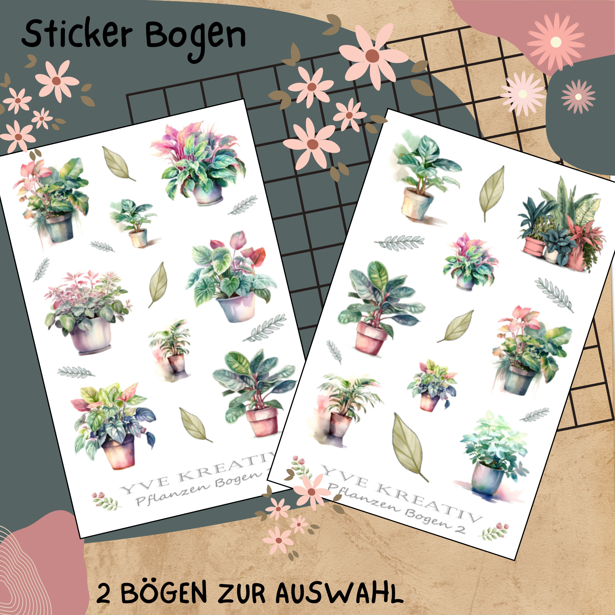 Sticker Bogen "Pflanzen Topfpflanzen Zimmerpflanzen" | Set - Aufkleber 2 Stickerbogen zur Auswahl in Weiß - Transparent - Matt - Glanz