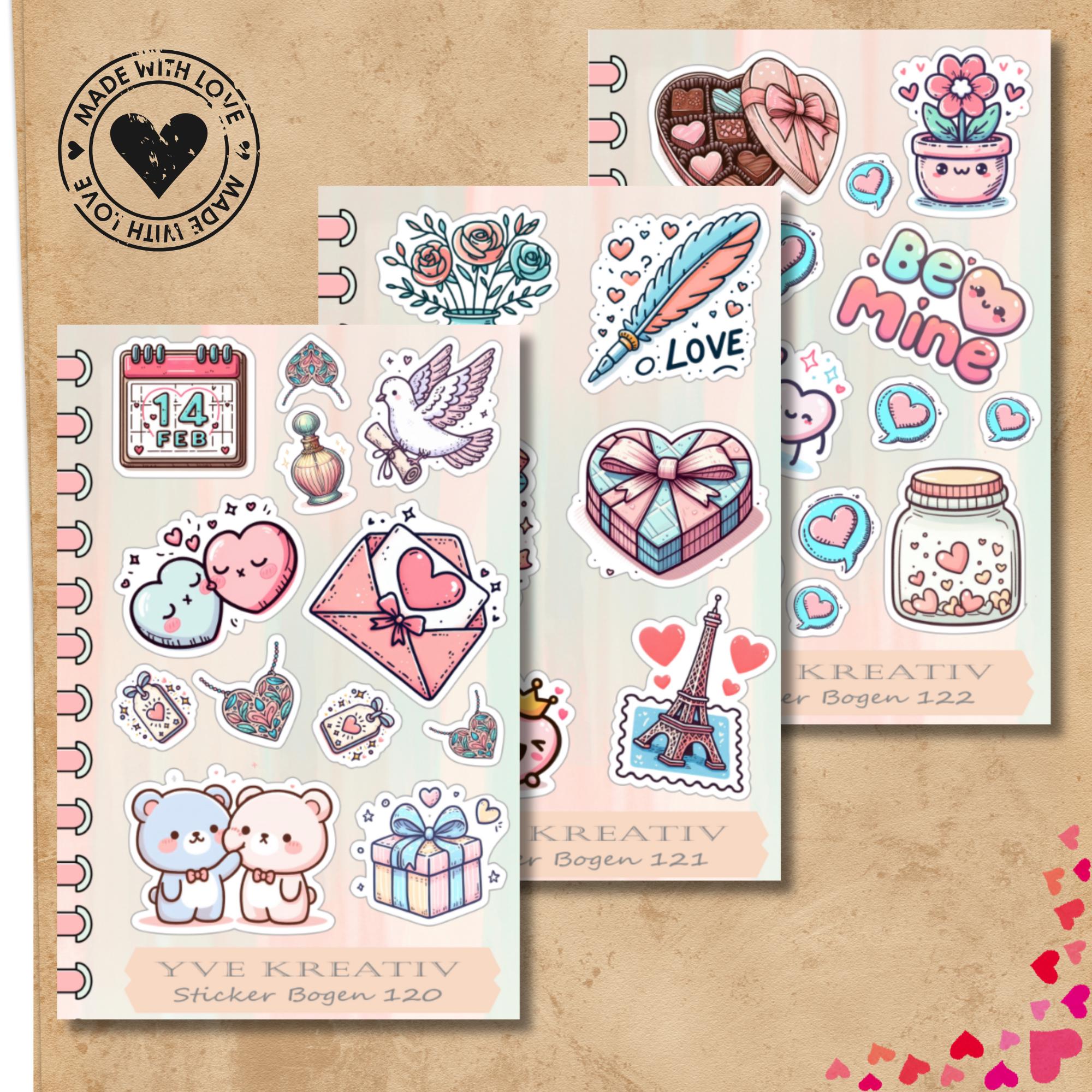 Aufkleber Bogen " Love Valentinstag" | Sticker Set - Aufkleber 3 Stickerbogen zur Auswahl in Weiß - Transparent - Matt - Glanz  #SBA6
