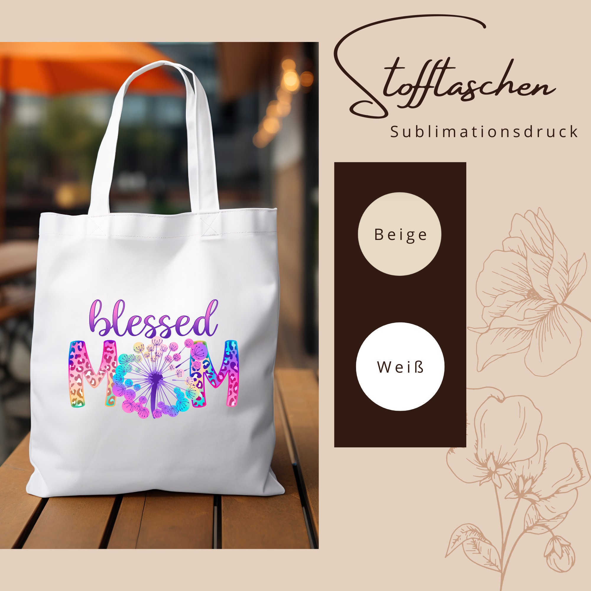 Stofftasche, Stoffbeutel, Einkaufstasche, Tasche, zum Muttertag, Geburtstag für Mama, in Weiß oder Beige #STSUB