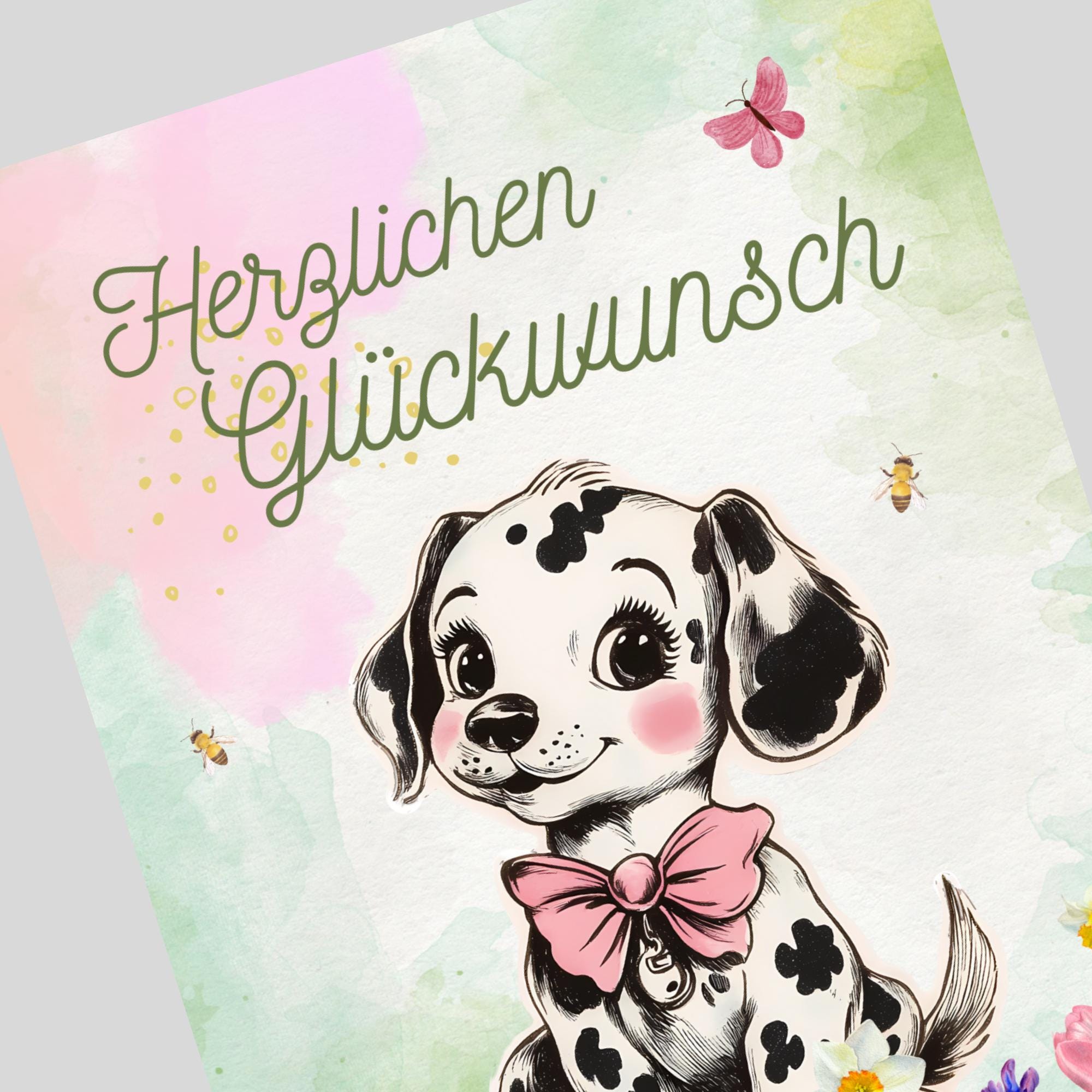 Postkarte zum Geburtstag, Grußkarte, Karte mit Hund, Dalmatiner, Grußkarte Herzlichen Glückwunsch auf DIN A6 Karte mit Glanzoberfläche #PHO