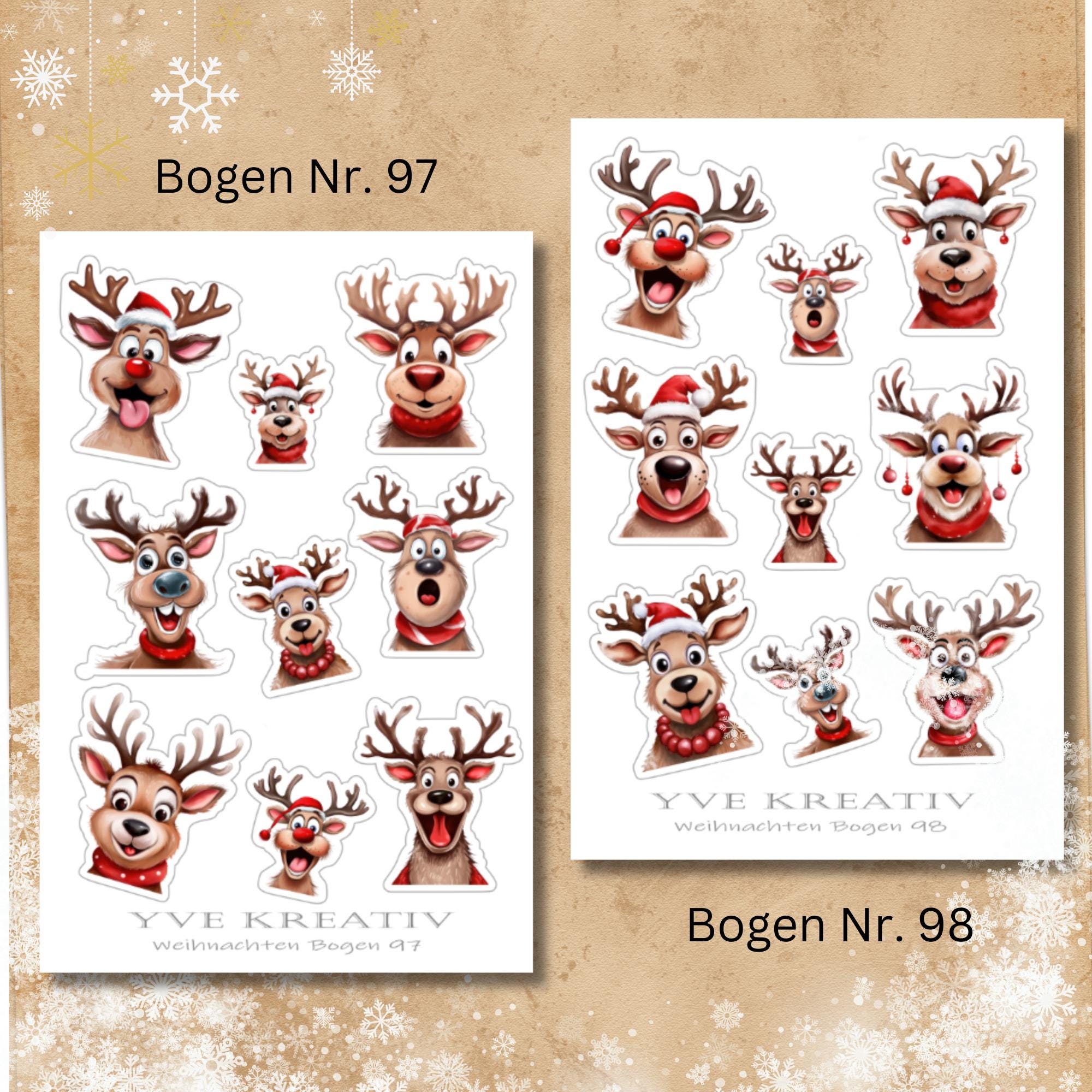 Aufkleber, Weihnachten Rentier, Sticker - 2 Stickerbogen zur Auswahl in Weiß - Transparent - Matt - Glanz  #SBA6
