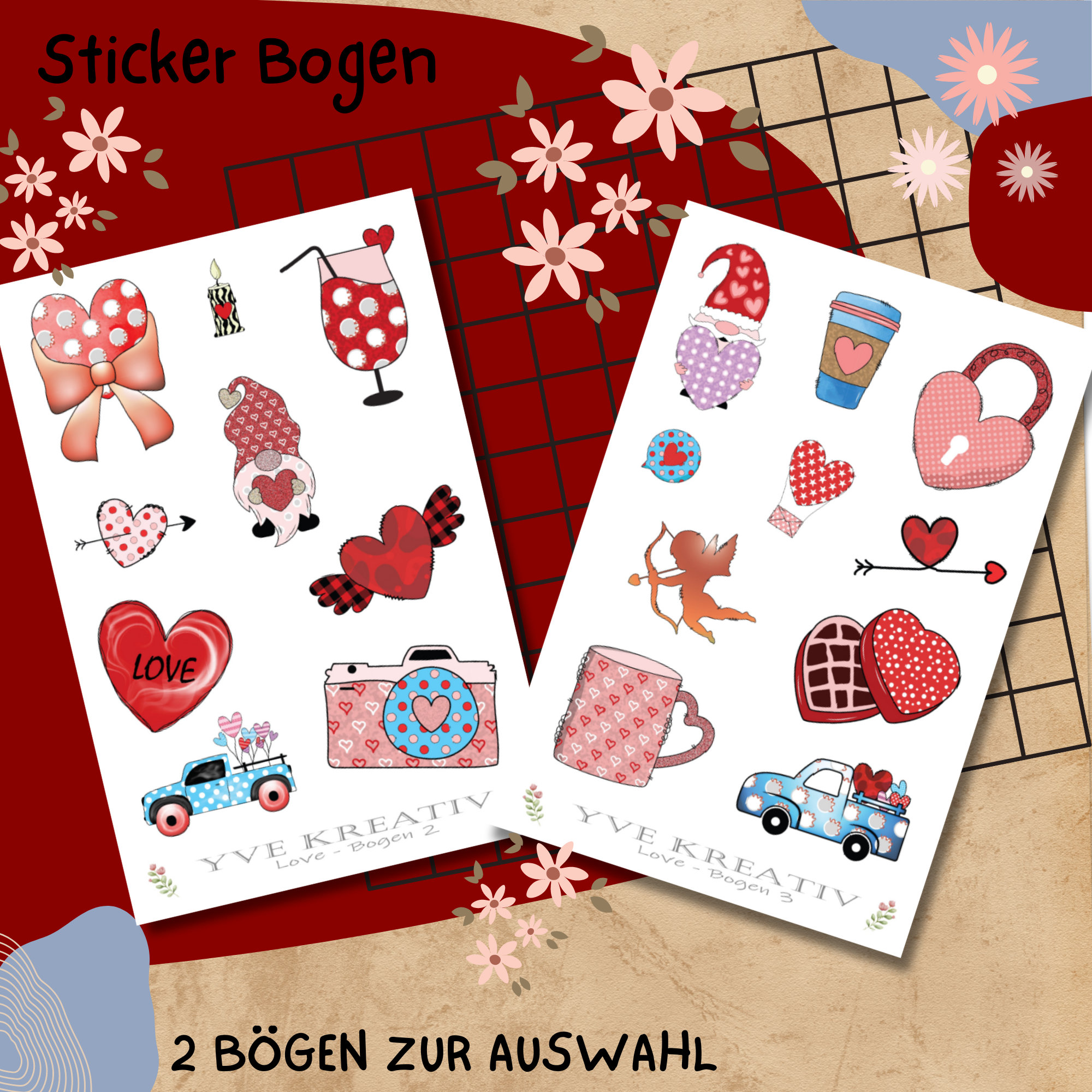 Sticker Bogen, Aufkleber, Sticker, Liebe, 2 Stickerbogen zur Auswahl in Weiß - Transparent - Matt - Glanz #SBA6