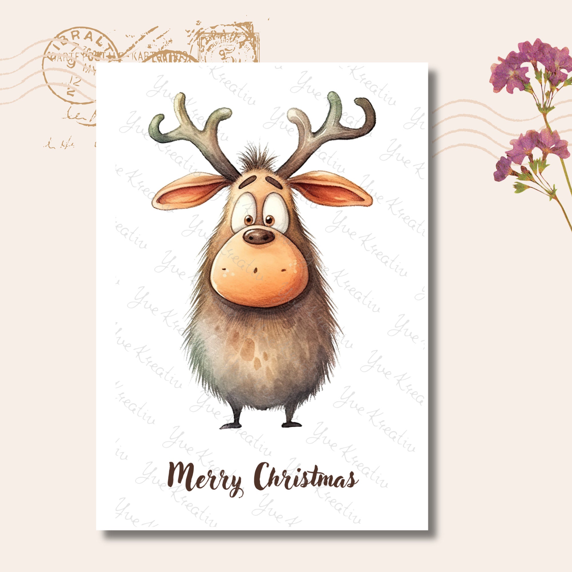 Postkarte, Grußkarte, Weihnachten, Rentier, Weihnachtskarte, Geschenkkarte I MIT oder OHNE Text "Merry Christmas"  #PLS