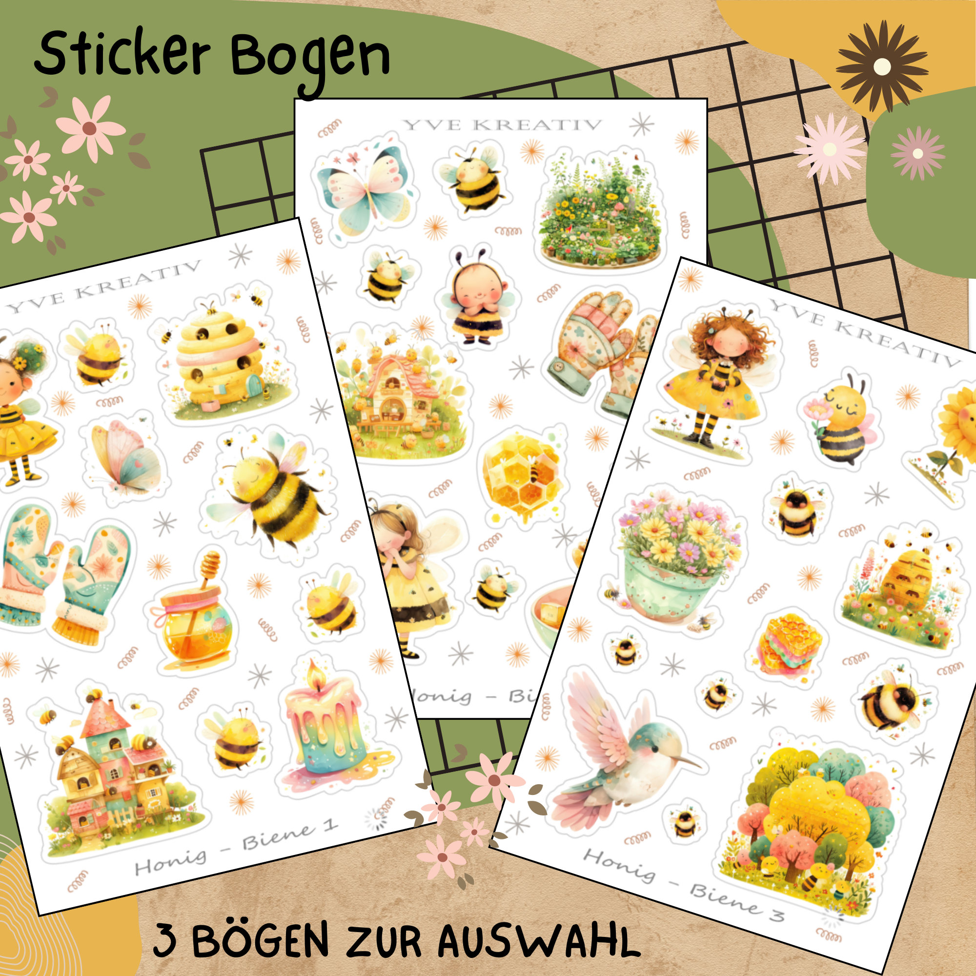 Stickerbogen " Biene Honig Honigbiene Frühling" | Sticker Set - Aufkleber 3 Sticker Bogen zur Auswahl in Weiß - Transparent - Matt - Glanz