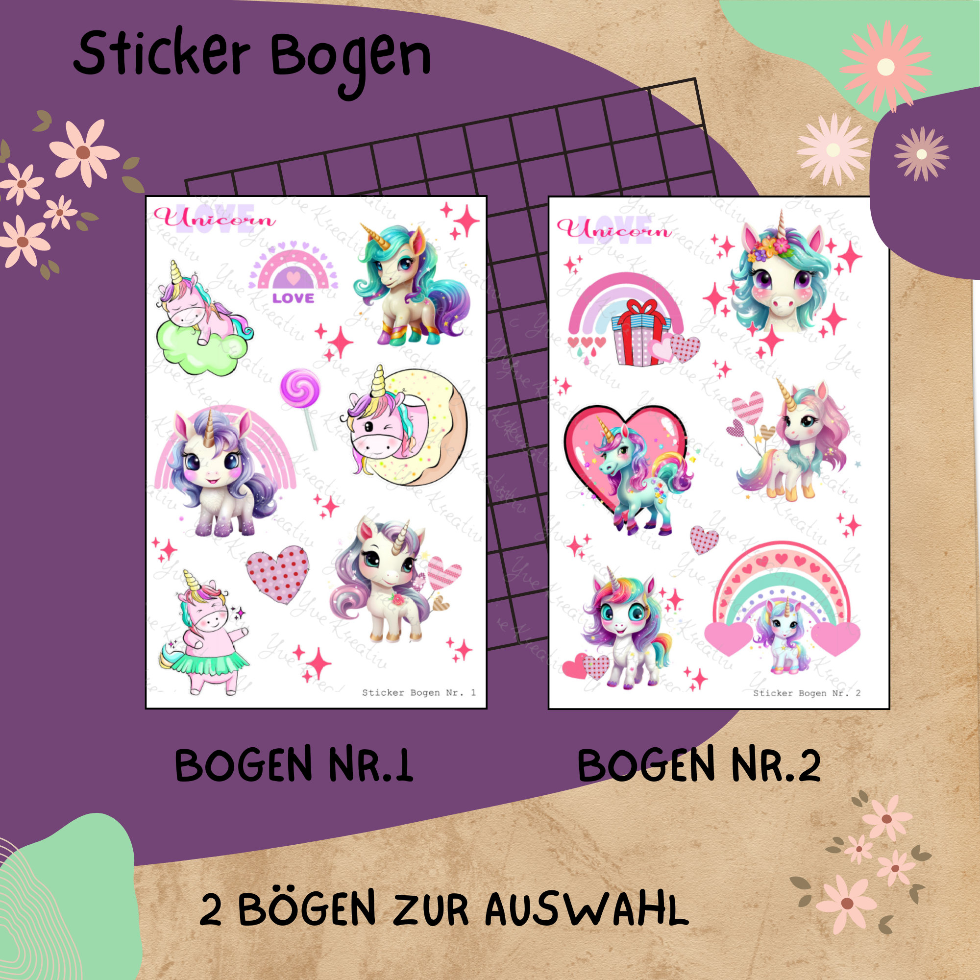 Sticker Bogen " Einhorn - Unicorn Love " | Sticker Set - Aufkleber 2 Stickerbogen zur Auswahl in Weiß - Transparent - Matt - Glanz