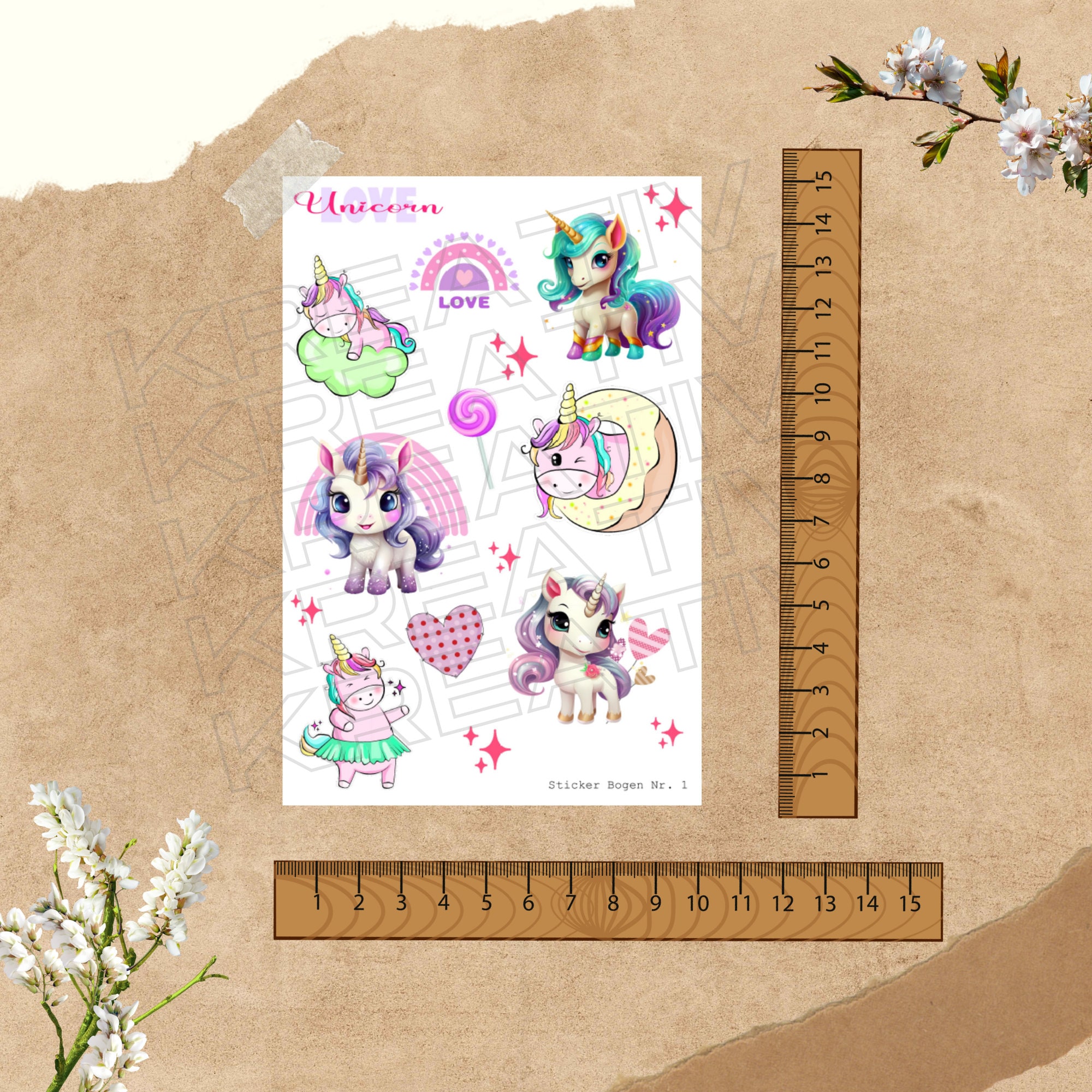 Sticker Bogen - Unicorn Love | Sticker Set - Journal Sticker - Aufkleber 4 Bögen zur Auswahl in Weiß oder Transparent