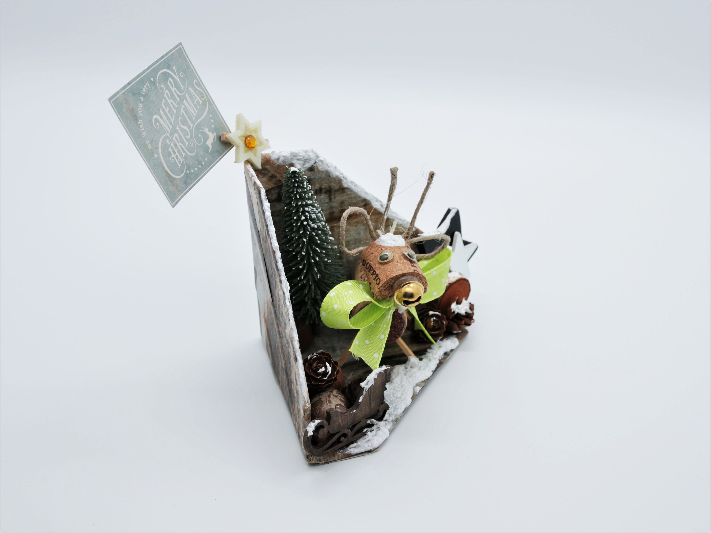 Weihnachtsdekoration aus Kork Holz Kunststoff, "Rentier im Wald" für Geldgeschenke - Gutschein