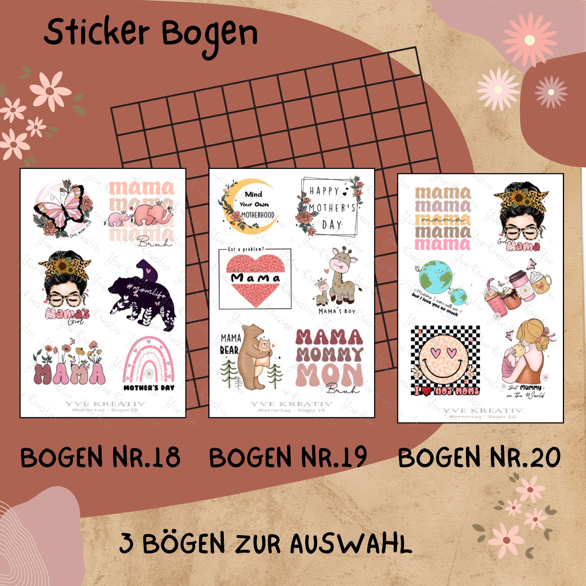 Sticker Bogen " Muttertag Best Mom " | Sticker Set - Aufkleber 3 Stickerbogen zur Auswahl in Weiß - Transparent - Matt - Glanz