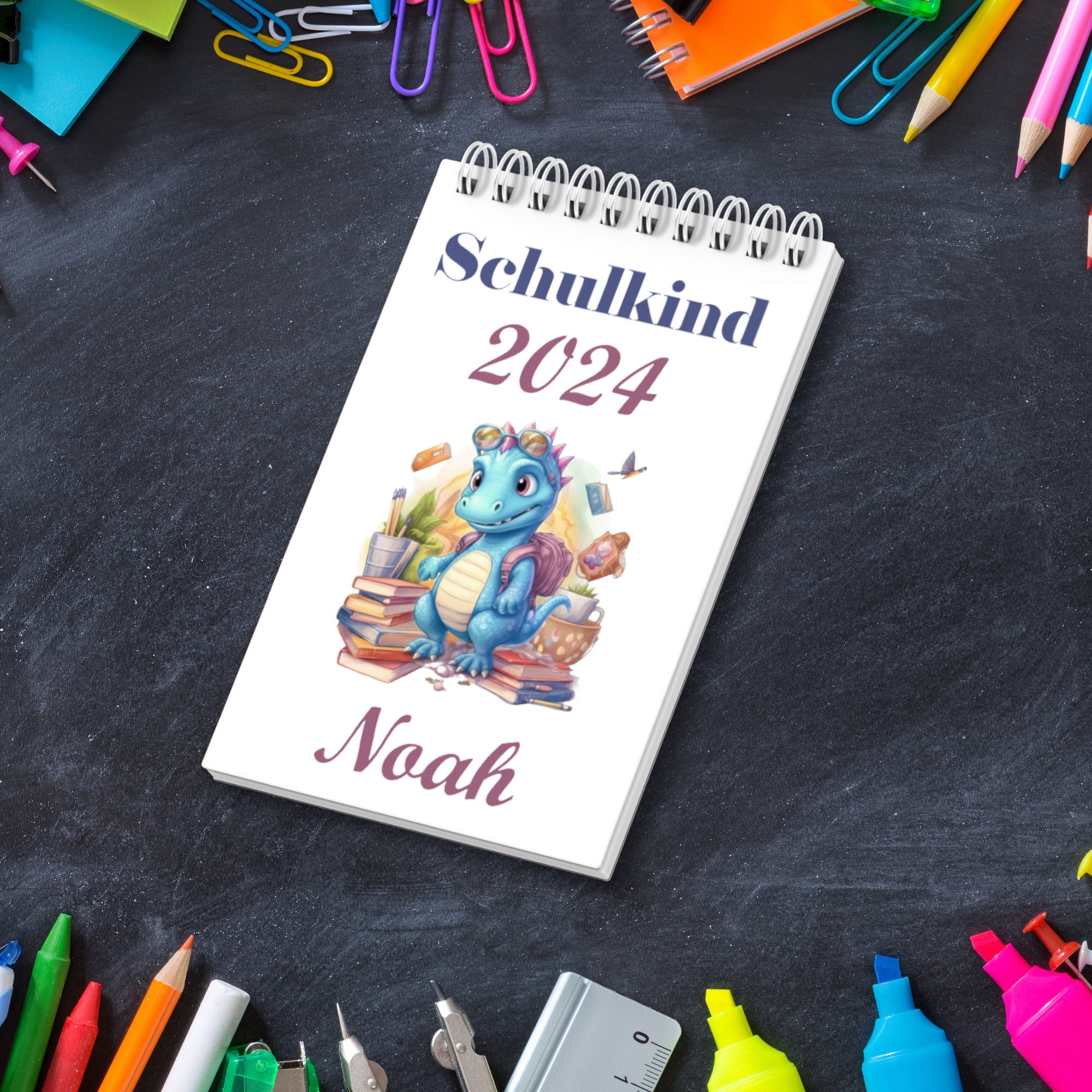 Notizblock Name und Jahr personalisiert DIN A6 Ringblock Schreibblock Notizbuch Schulheft Hausaufgabenheft - Schulkind Dinosaurier  #A6SO