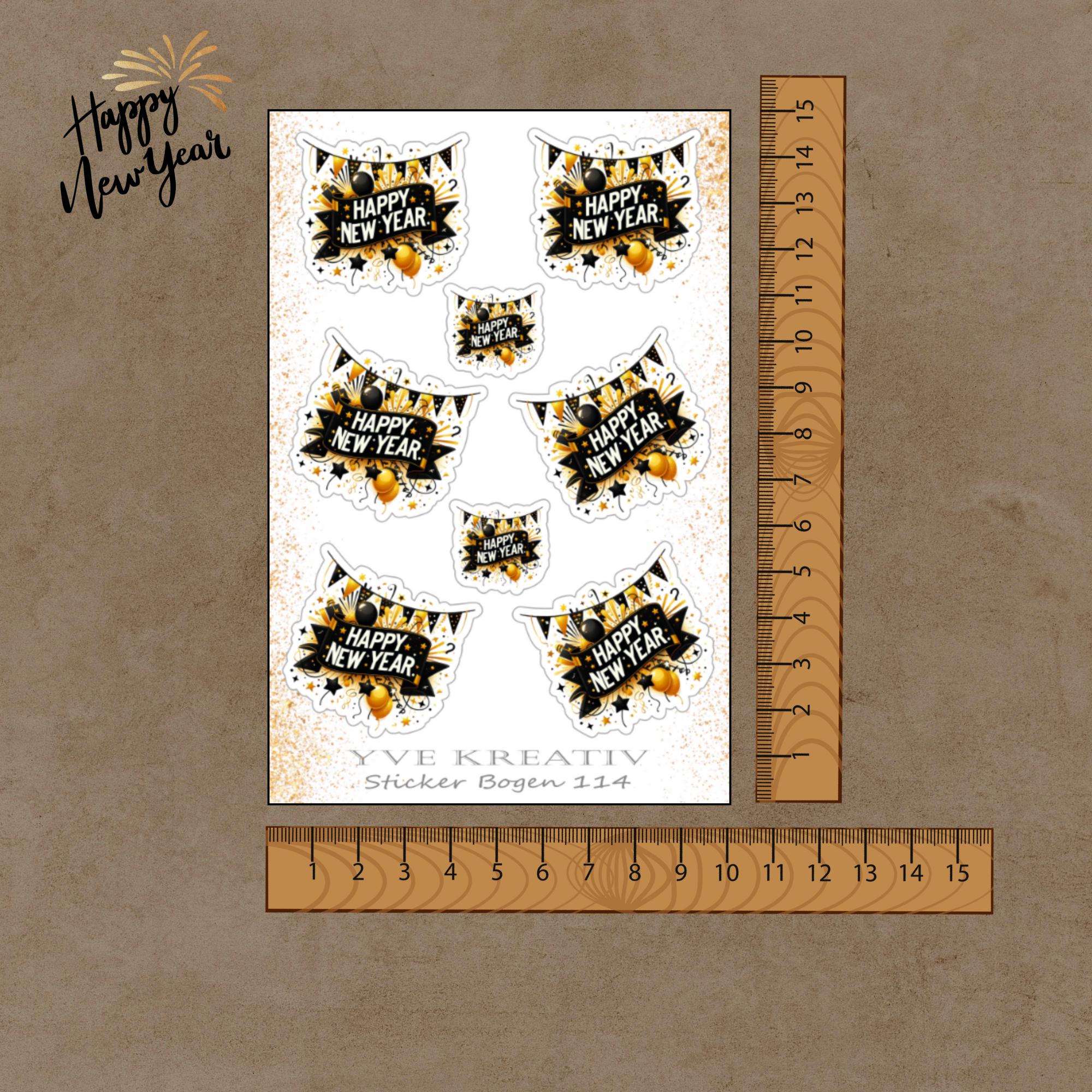 Aufkleber Sticker Bogen "Happy New Year, Silvester" | Sticker Set - 3 Stickerbogen zur Auswahl in Weiß - Transparent - Matt - Glanz  #SBA6