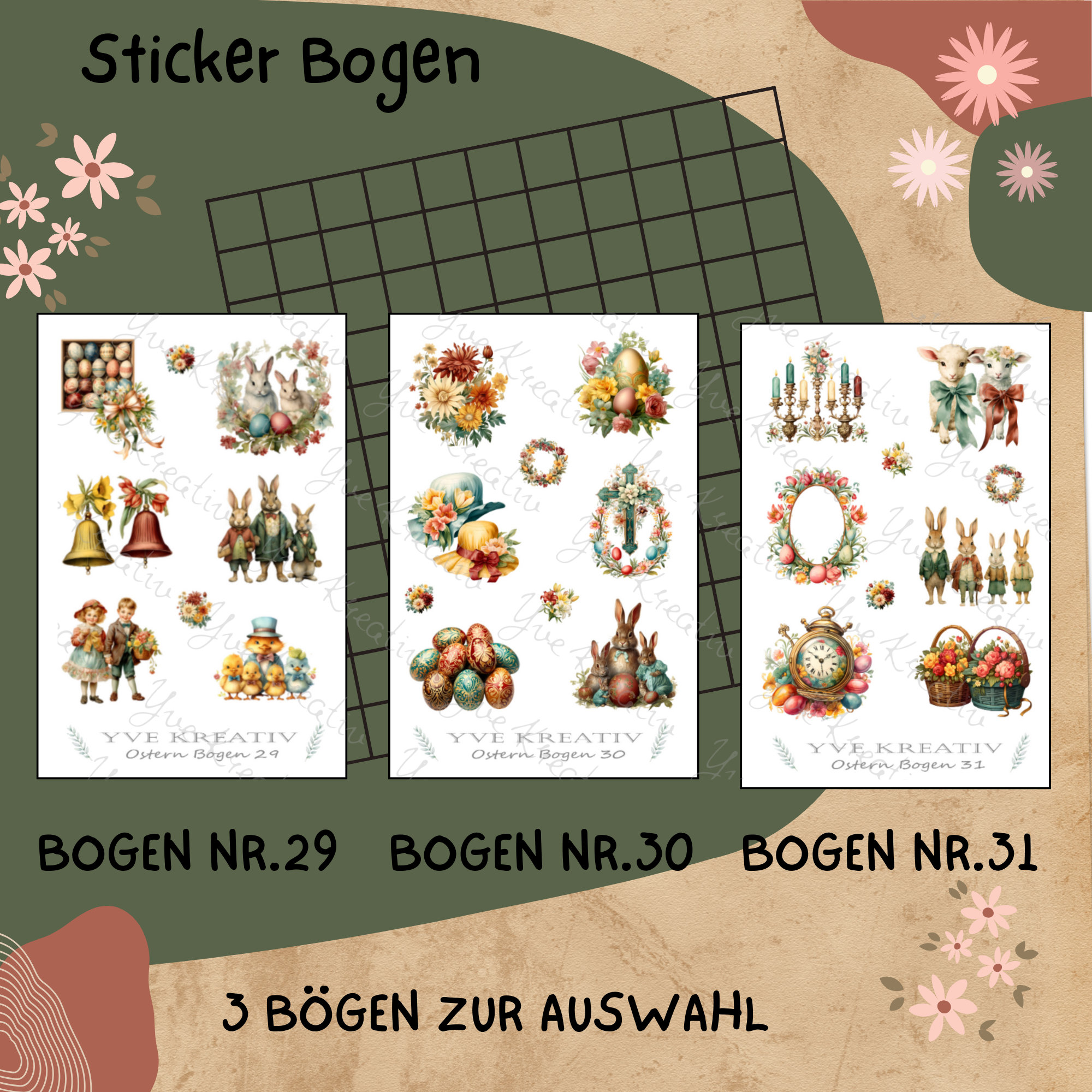 Sticker Bogen " Ostern - Nostalgie Vintage " | Sticker Set - Aufkleber 3 Stickerbogen zur Auswahl in Weiß - Transparent - Matt - Glanz #SBA6