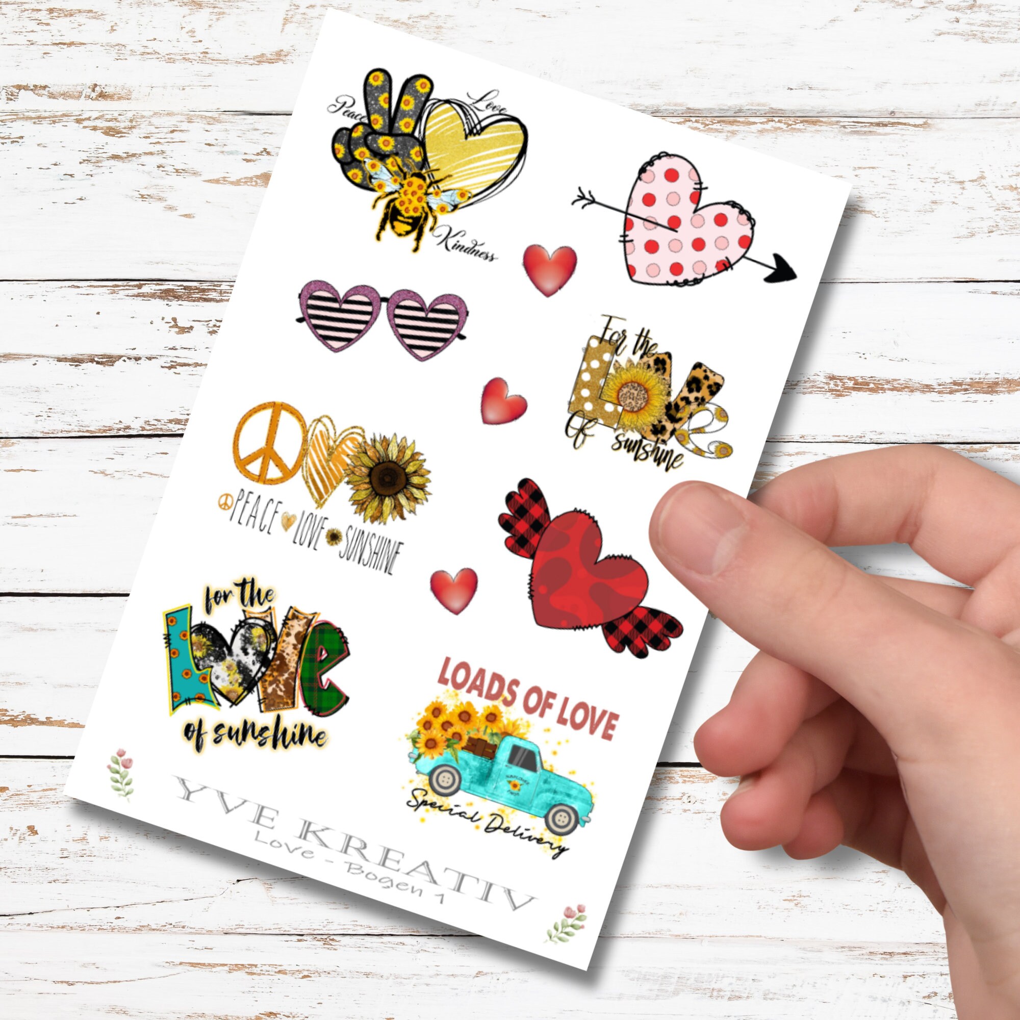 Sticker Bogen, Aufkleber, Love, Peace, Stickerbogen zur Auswahl in Weiß - Transparent - Matt - Glanz  #SBA6