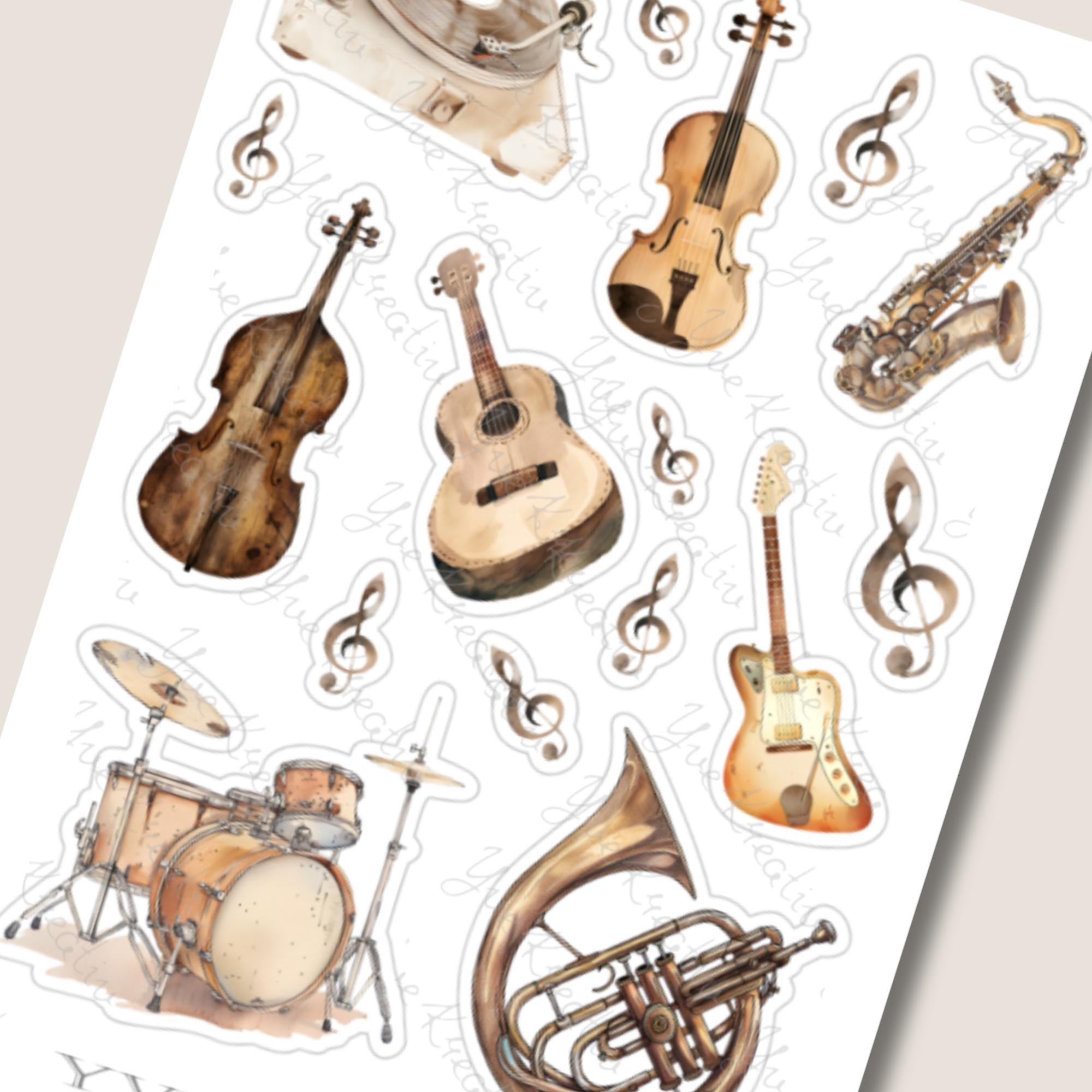 Aufkleber Musik Instrumente Sticker Bogen Set 3 Stickerbogen zur Auswahl in Weiß - Transparent - Matt - Glanz #SBA6