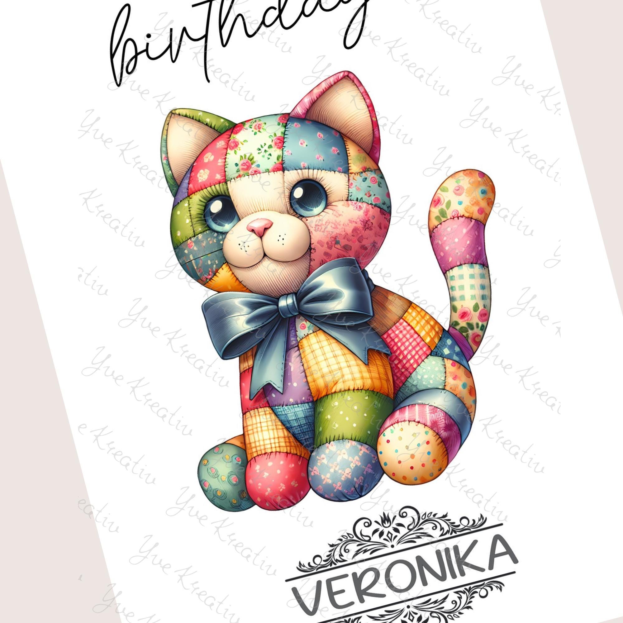 Postkarte personalisiert mit Namen Grußkarte Happy Birthday Karte Geburtstag Geburtstagskarte I Patchwork Katze #PHO