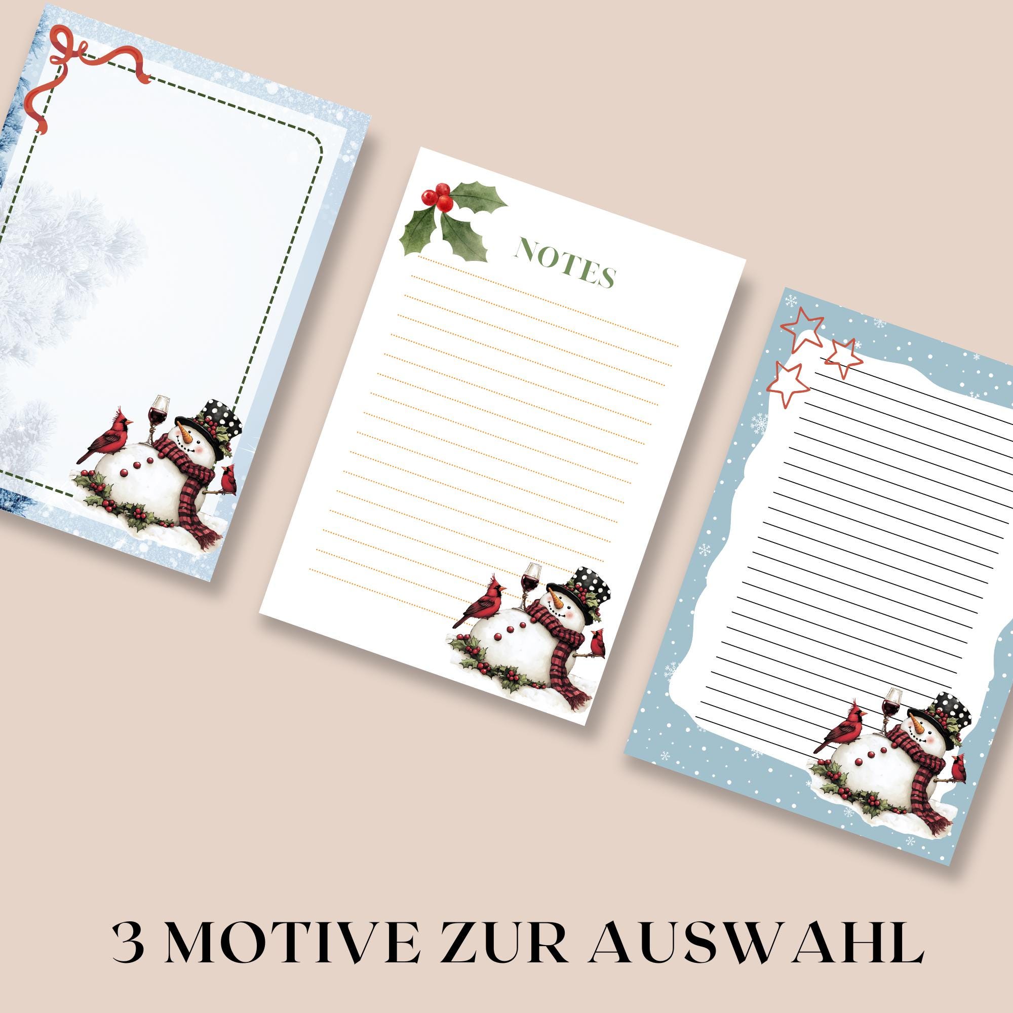 Notizblock 50 Zettel, 3 "Schneemann mit Wein" Motive zur Auswahl, A6 Block Schreibblock Zettelblock Abreisblock mit Leimbindung  #A6K50