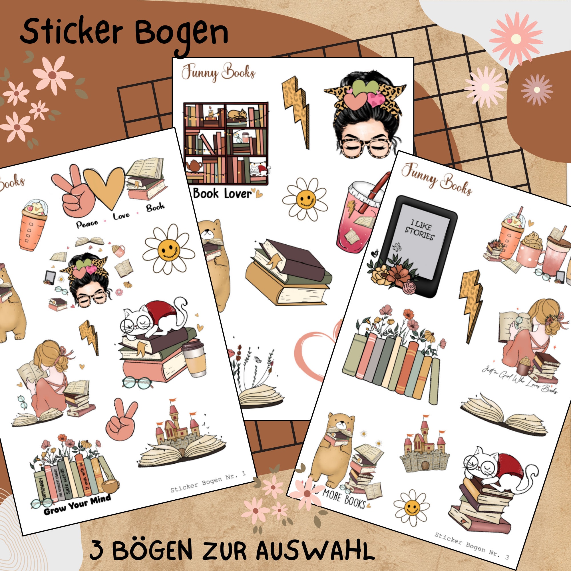 Stickerbogen " Funny Books - Bücher Lesen " | Sticker Set - Aufkleber 3 Stickerbogen zur Auswahl in Weiß - Transparent - Matt - Glanz  #SBA6