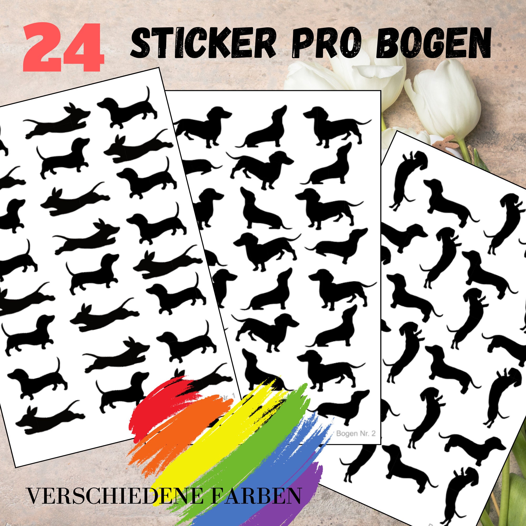 Sticker Bogen - Hund Dackel | 24 Sticker pro Bogen - Journal Sticker - Aufkleber 3 Stickerbogen zur Auswahl I Farbe wählbar