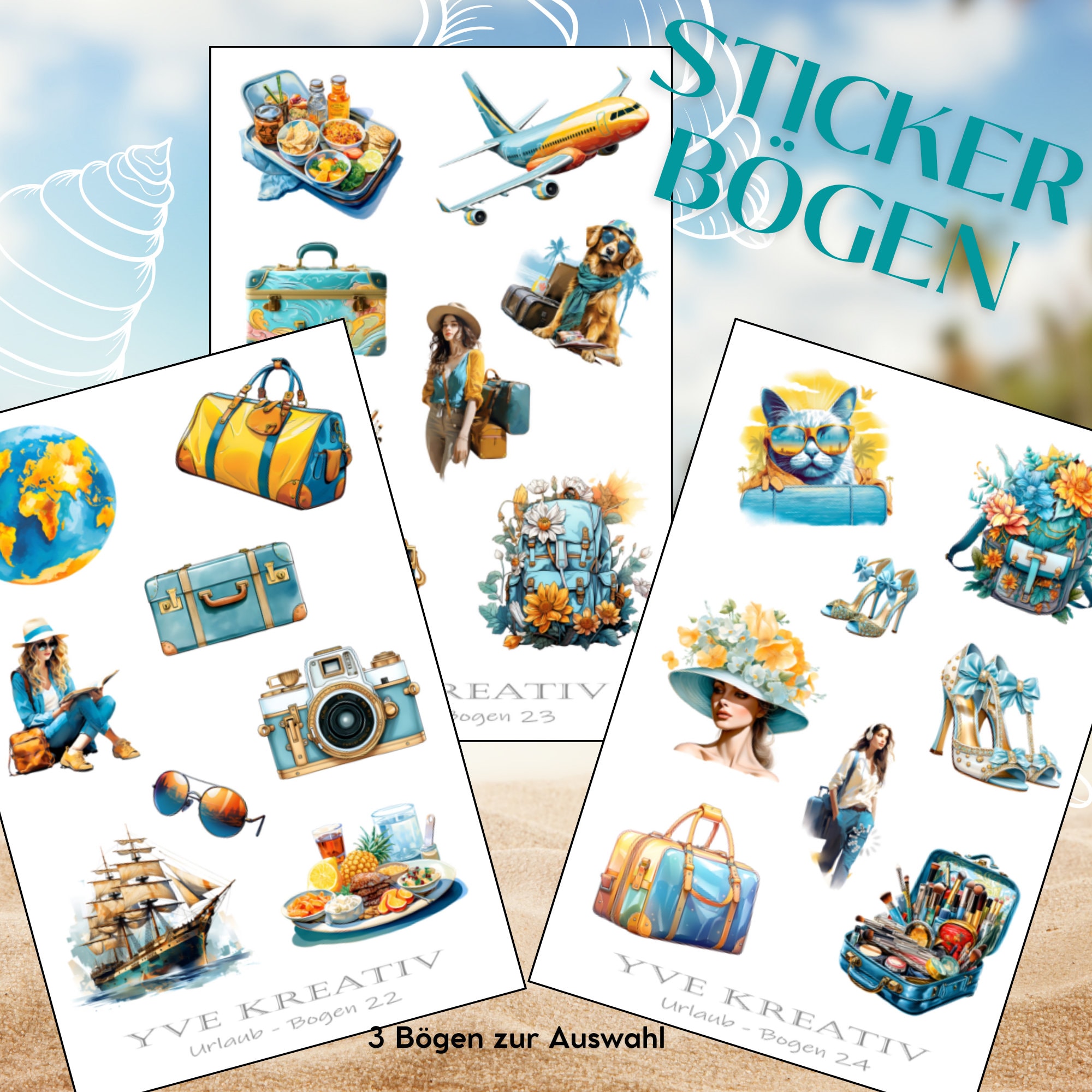 Sticker Bogen " Urlaub Reisen Fernweh " | Sticker Set - Aufkleber 3 Stickerbogen zur Auswahl in Weiß - Transparent - Matt - Glanz