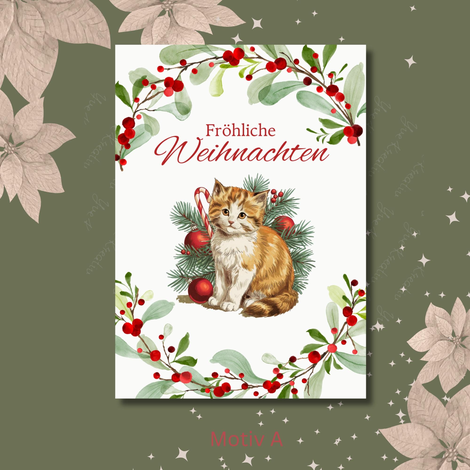 Weihnachtskarte Katze, 2 Kartenmotive zur Auswahl, Postkarte, Geschenkkarte, Weihnachtsgruß, Grußkarte Weihnachten  #PLS