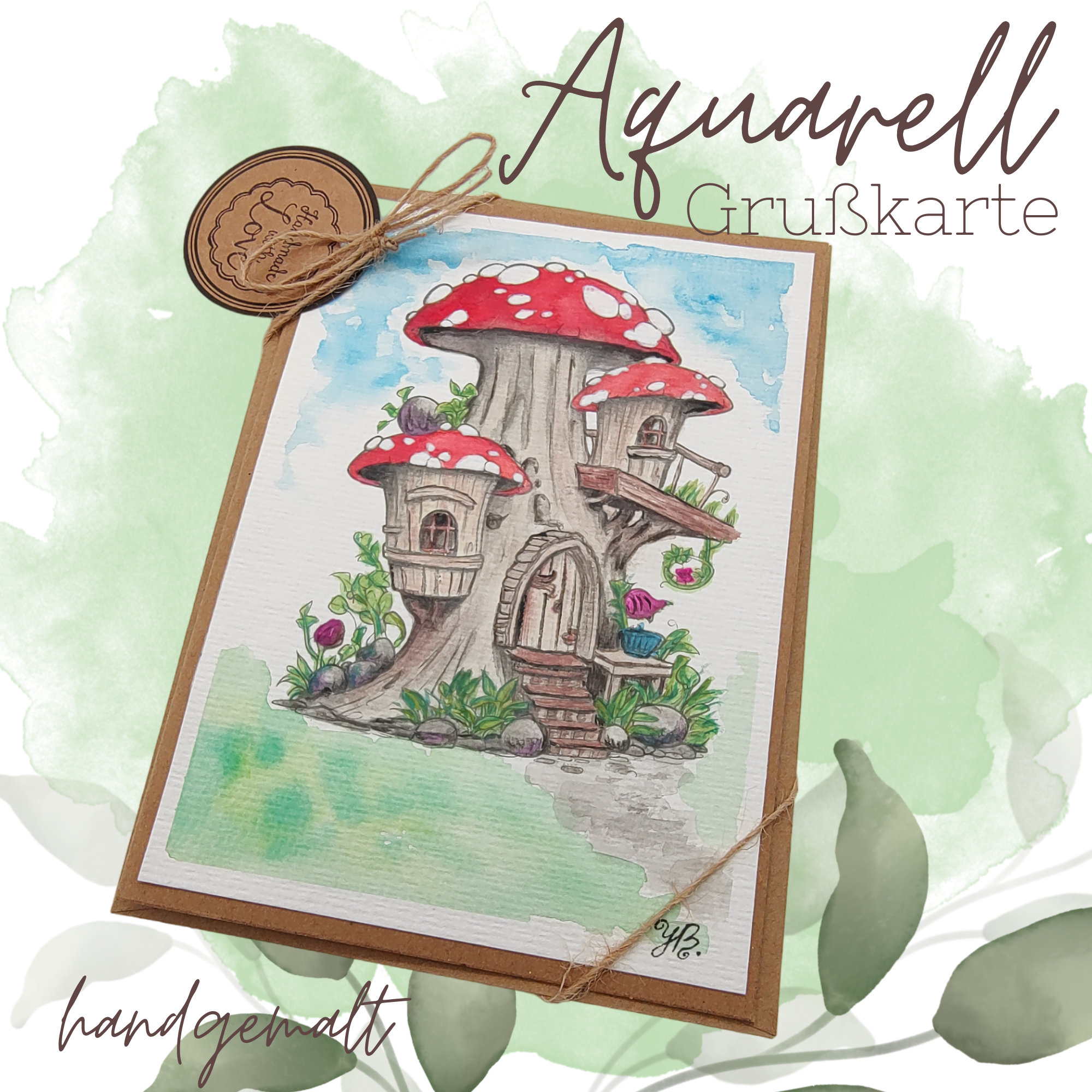 Grußkarte Glückwunschkarte mit Aquarell handbemalt "Pilz Haus Wichtelheim" für Geldgeschenke Gutscheine