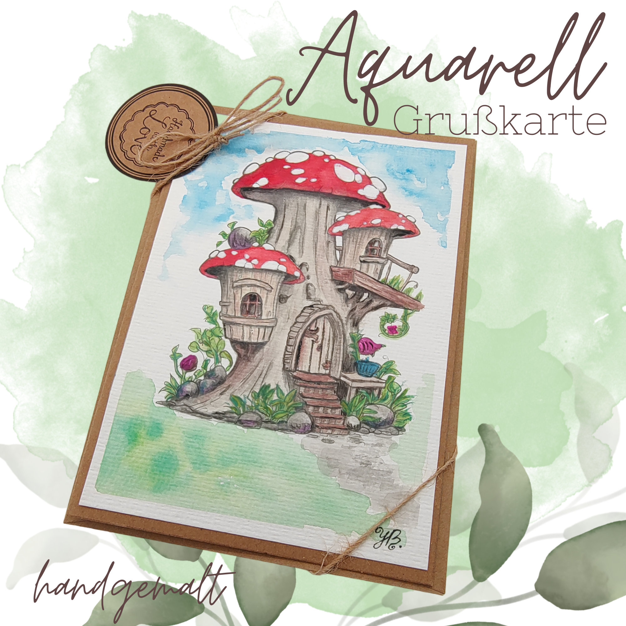 Grußkarte Glückwunschkarte mit Aquarell handbemalt "Pilz Haus Wichtelheim" für Geldgeschenke Gutscheine  #1681918980