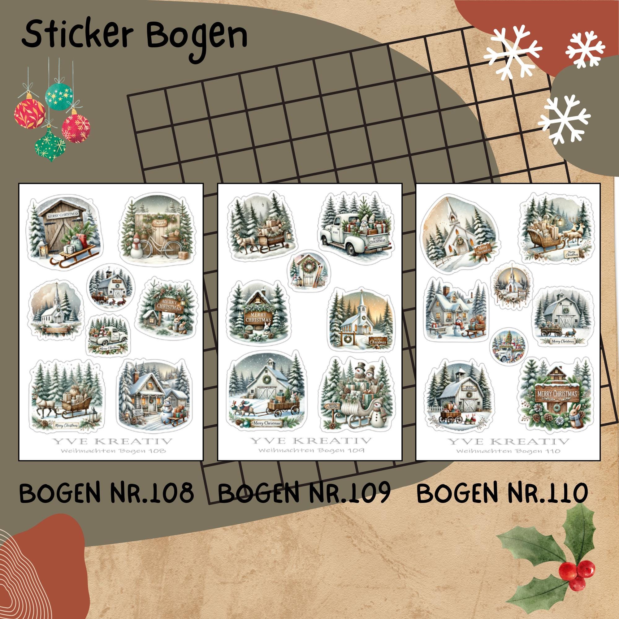 Aufkleber Sticker Bogen "Weihnachten Winterwald" | Sticker Set - 3 Stickerbogen zur Auswahl in Weiß - Transparent - Matt - Glanz  #SBA6
