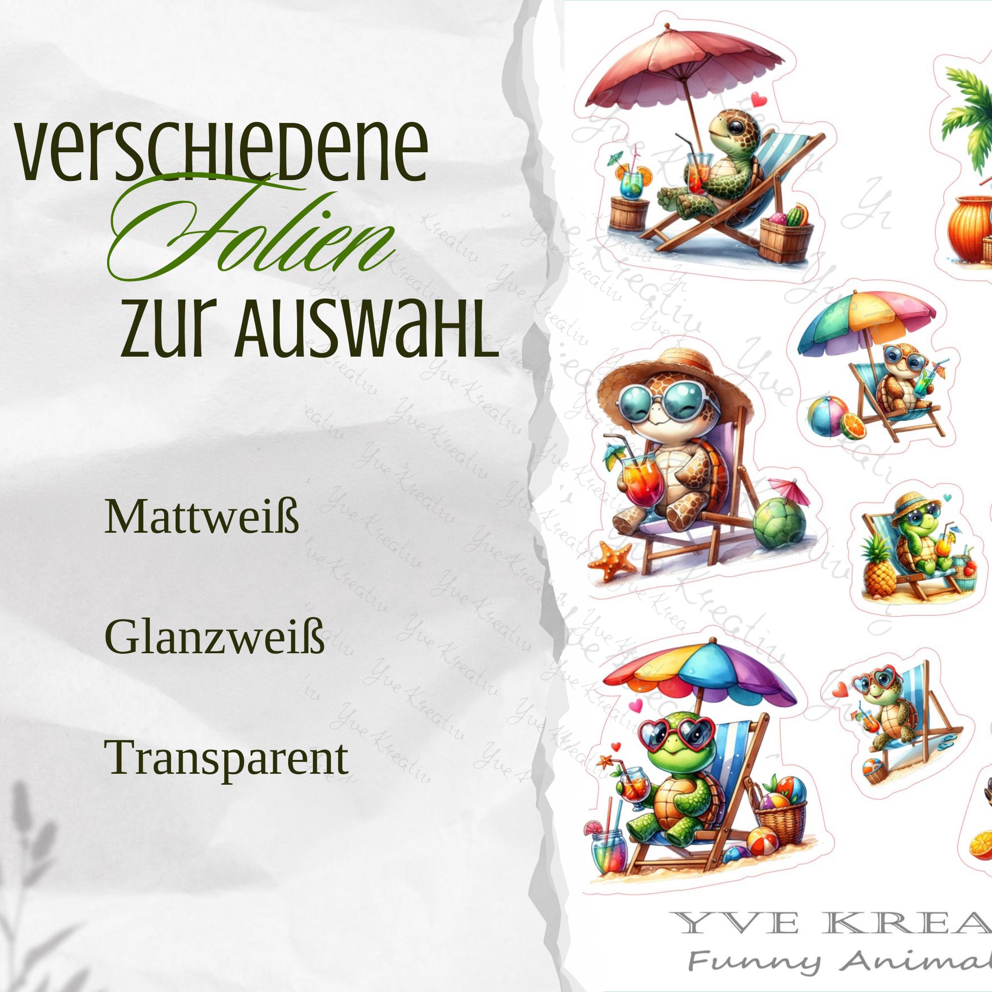 Aufkleber Urlaub Schildkröte Stickerbogen Strand Reise Sticker Set - 3 Bögen zur Auswahl in Weiß - Transparent - Matt - Glanz  #SBA6