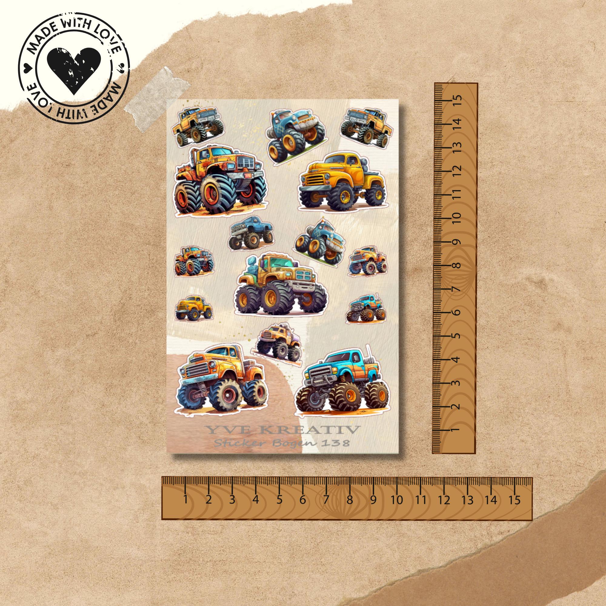 Aufkleber Bogen  " Monstertruck " | Sticker Set - Aufkleber 3 Stickerbogen zur Auswahl in Weiß - Transparent - Matt - Glanz  #SBA6
