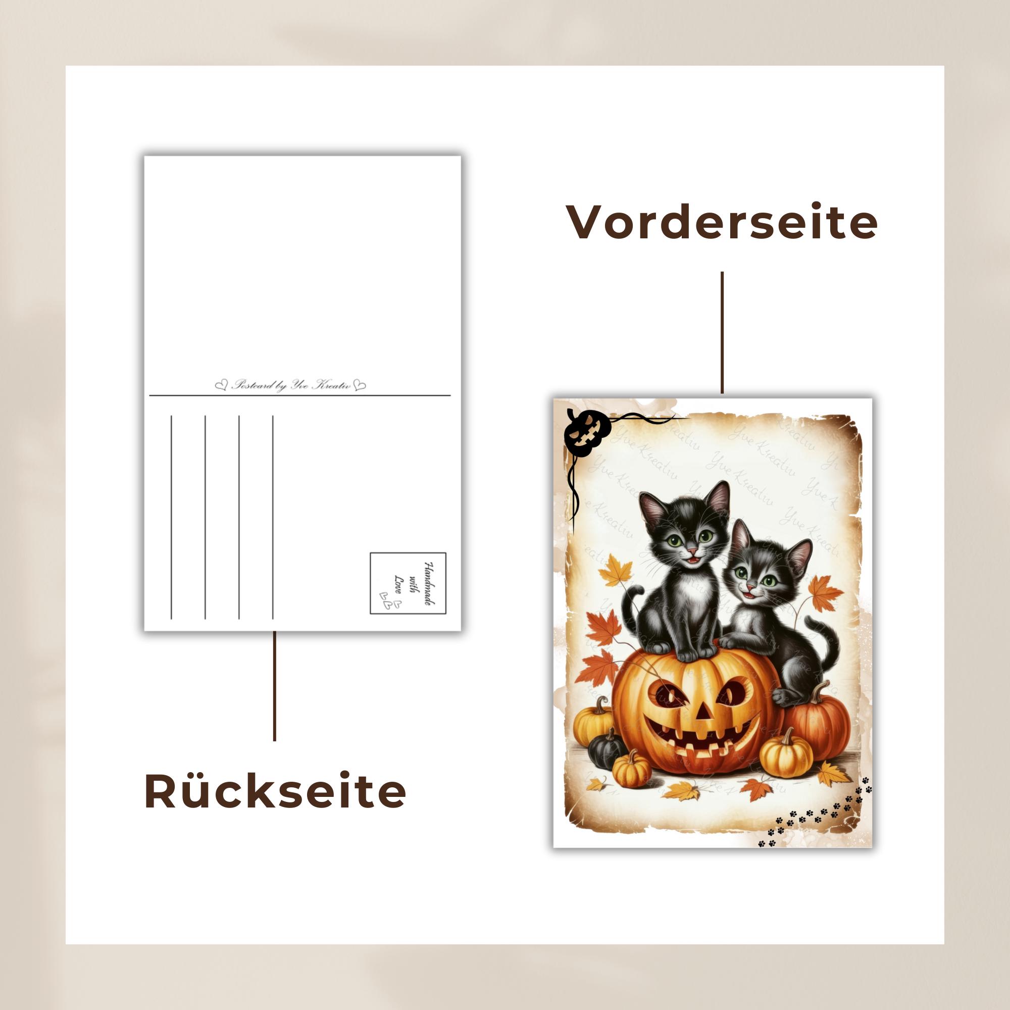 Postkarte Halloween Katzen Glückwunschkarte Herbst Grußkarte Geschenkkarte DIN A6 Geschenk Freundin Mitbringsel Katzenbesitzer #PLS