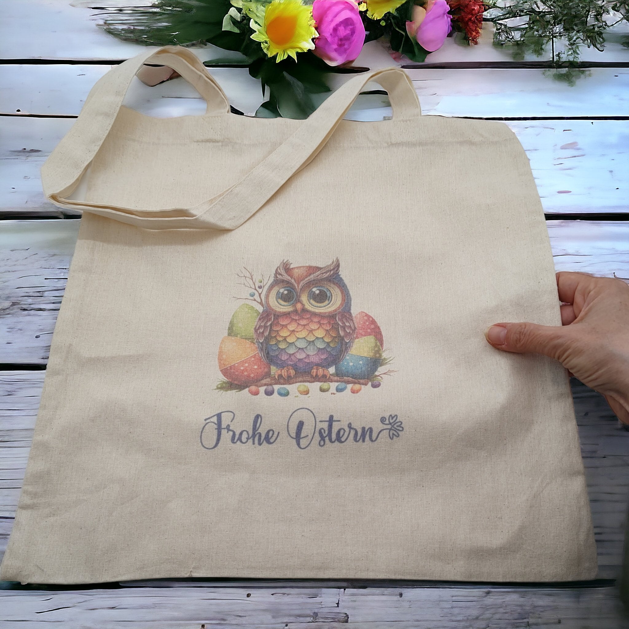 Stofftasche, Stoffbeutel, Einkaufstasche, Tasche, Baumwolltasche, Motiv "Ostern Eule"  #1658870511
