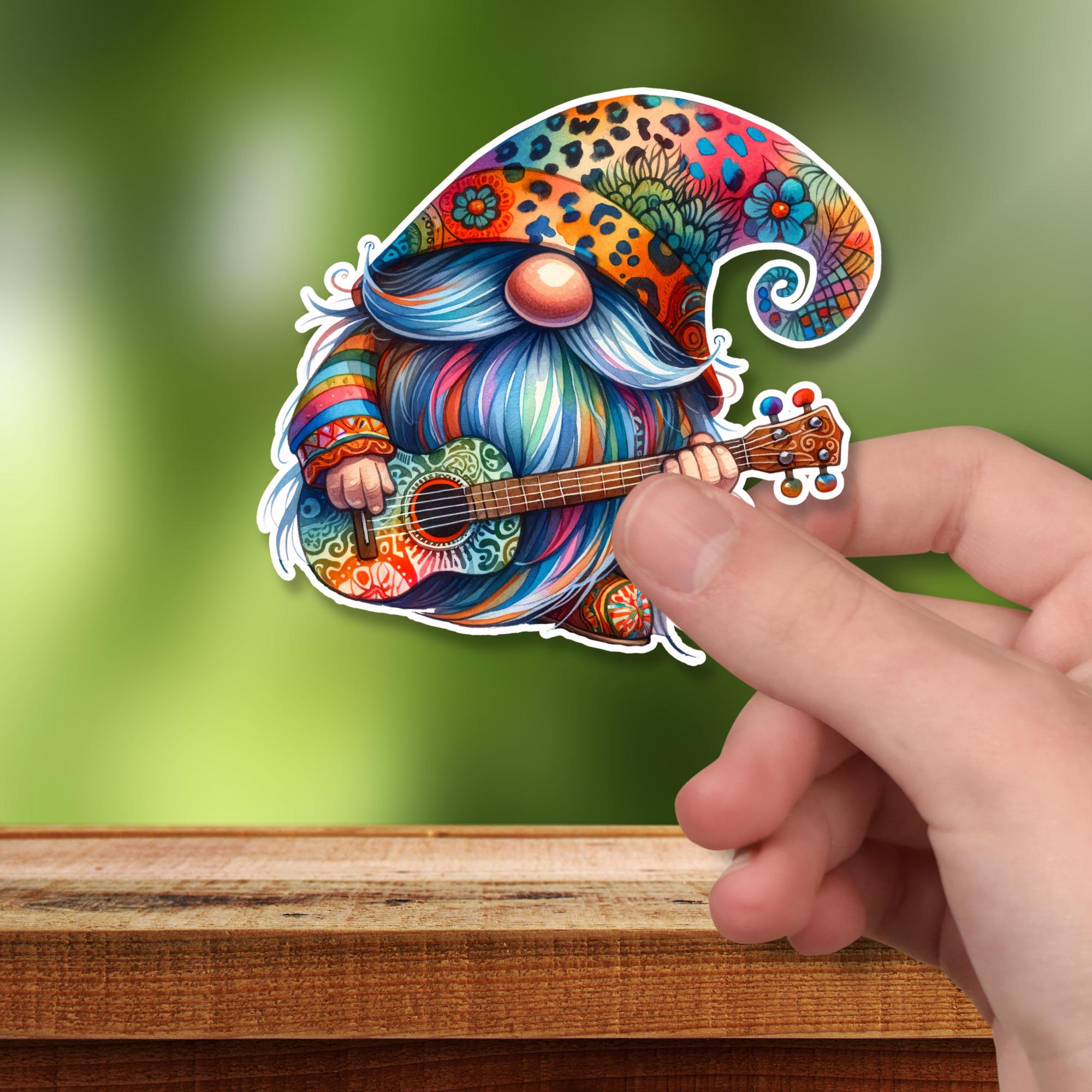 Kofferaufkleber, Geschenkaufkleber, Aufkleber Regenbogen Wichtel mit Gitarre, großer Sticker I zur Auswahl in Weiß oder Transparent  #SEG8