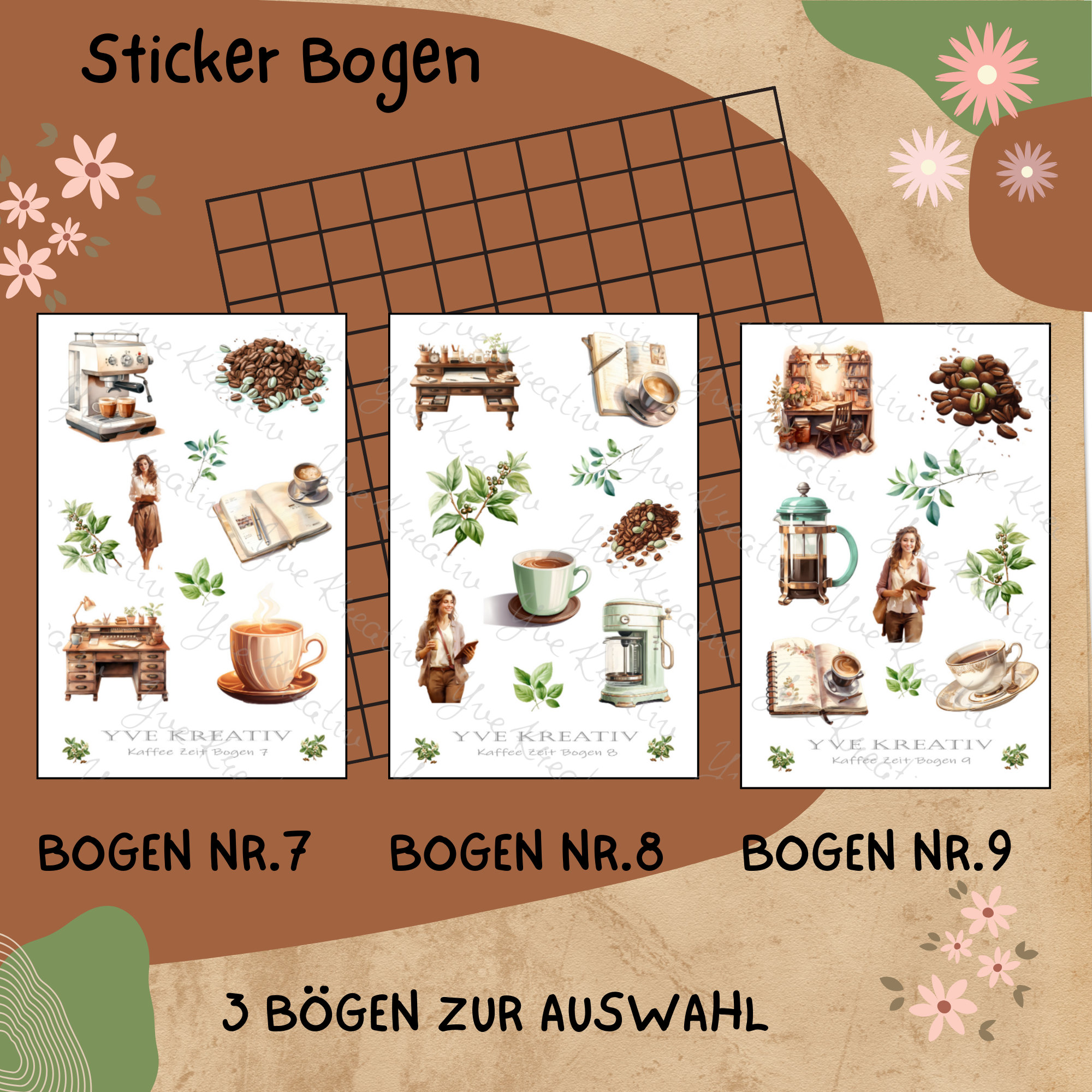 Sticker Bogen " Kaffee - Zeit für Dich " | Sticker Set - Aufkleber 3 Stickerbogen zur Auswahl in Weiß - Transparent - Matt - Glanz  #SBA6