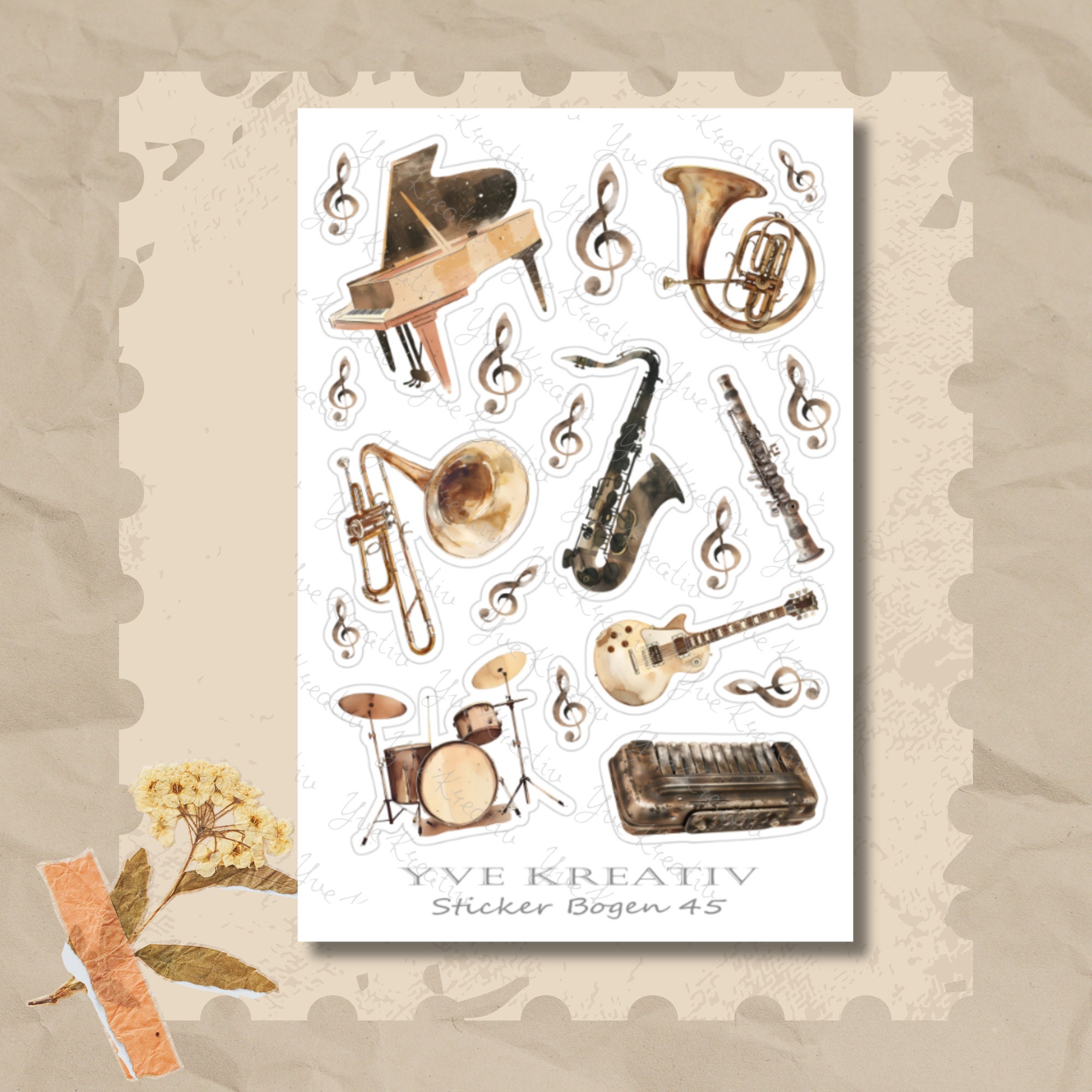 Sticker Bogen, Musik Instrumente, Sticker Set, Aufkleber, 3 Stickerbogen zur Auswahl in Weiß - Transparent - Matt - Glanz#SBA6
