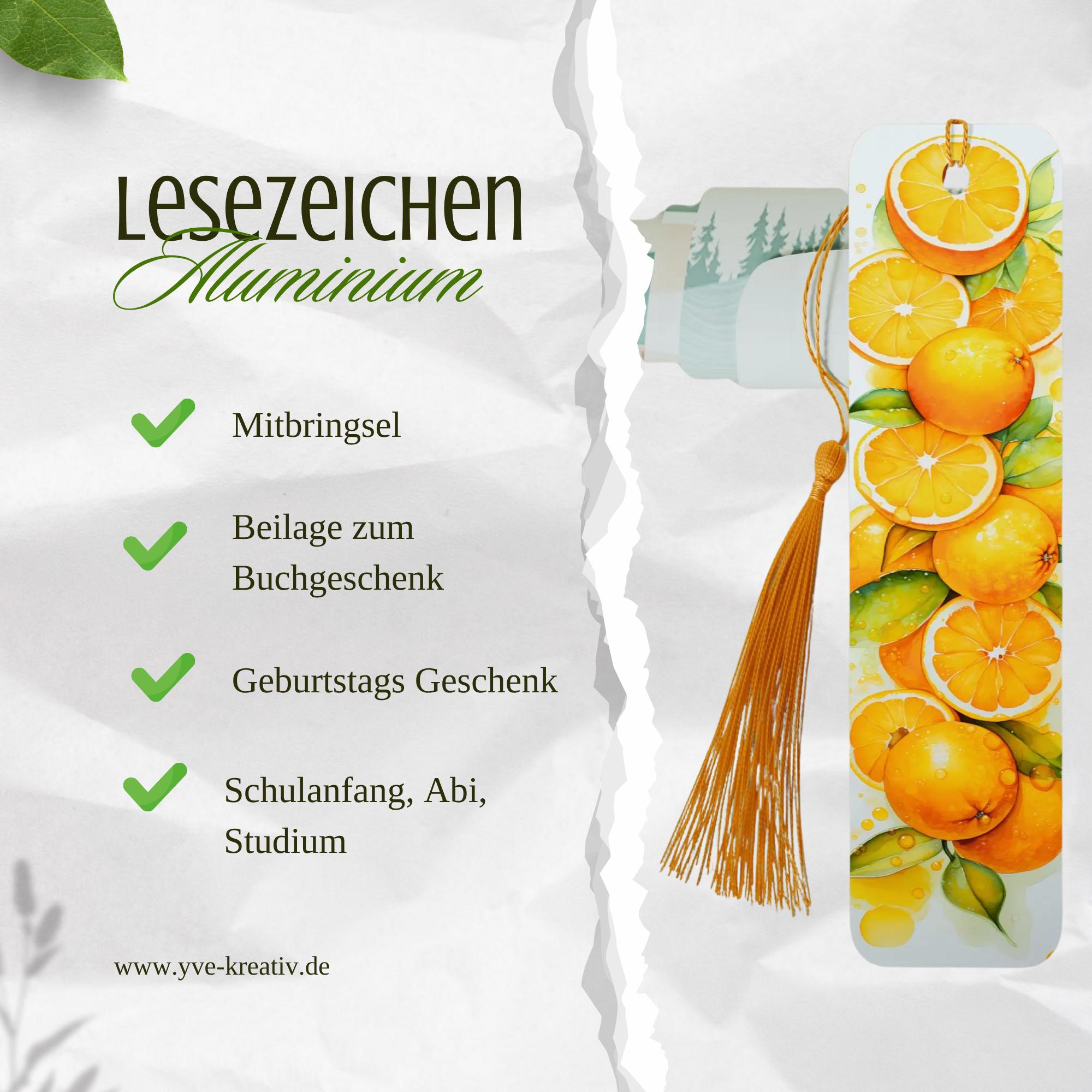 Lesezeichen aus Aluminium Ananas Orangen Geschenk Geburtstag Mitbringsel Freundin Buchgeschenk Bookmark Tropische Früchte #LEALU