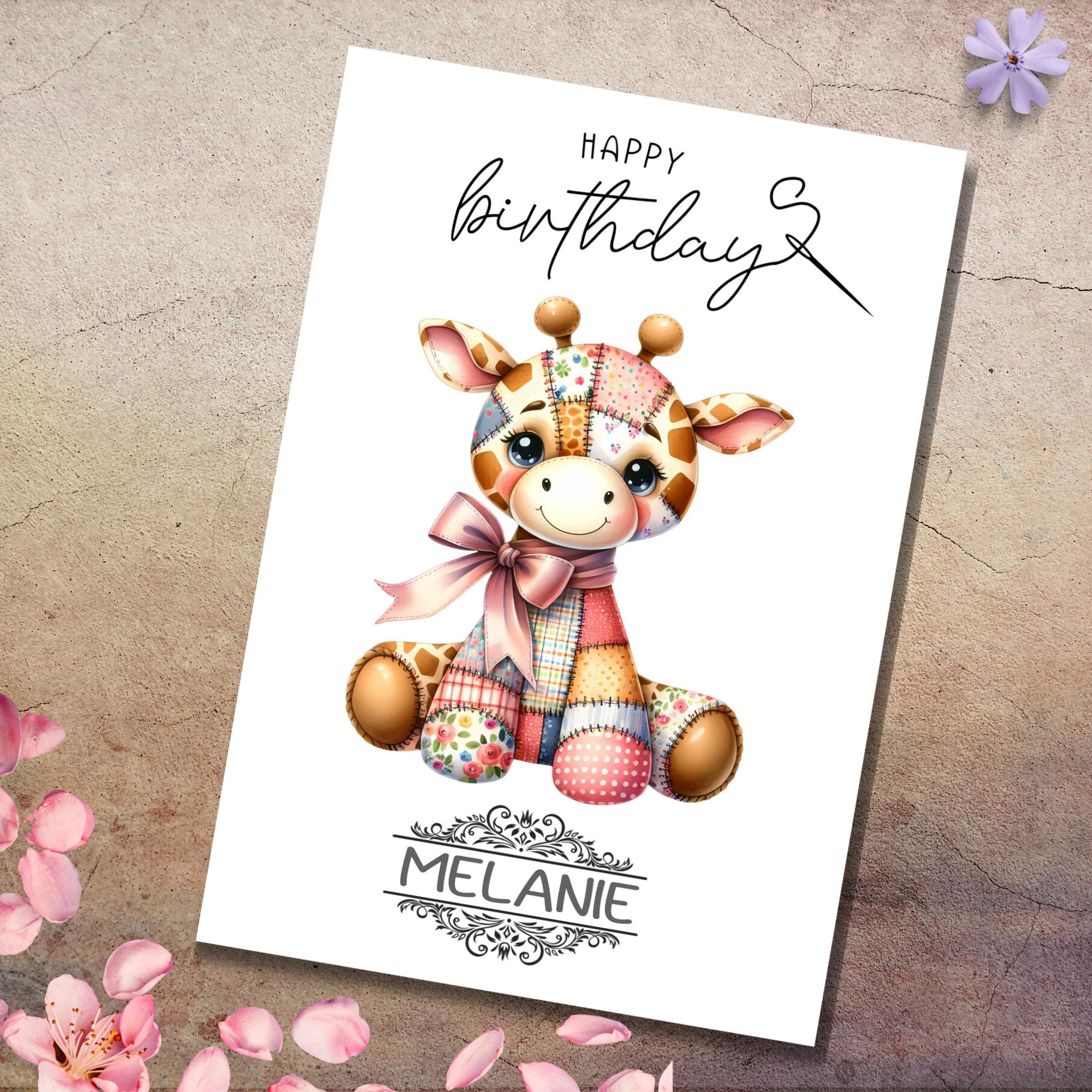 Postkarte personalisiert mit Namen Grußkarte Happy Birthday Karte Geburtstag Geburtstagskarte I Patchwork Giraffe #PHO