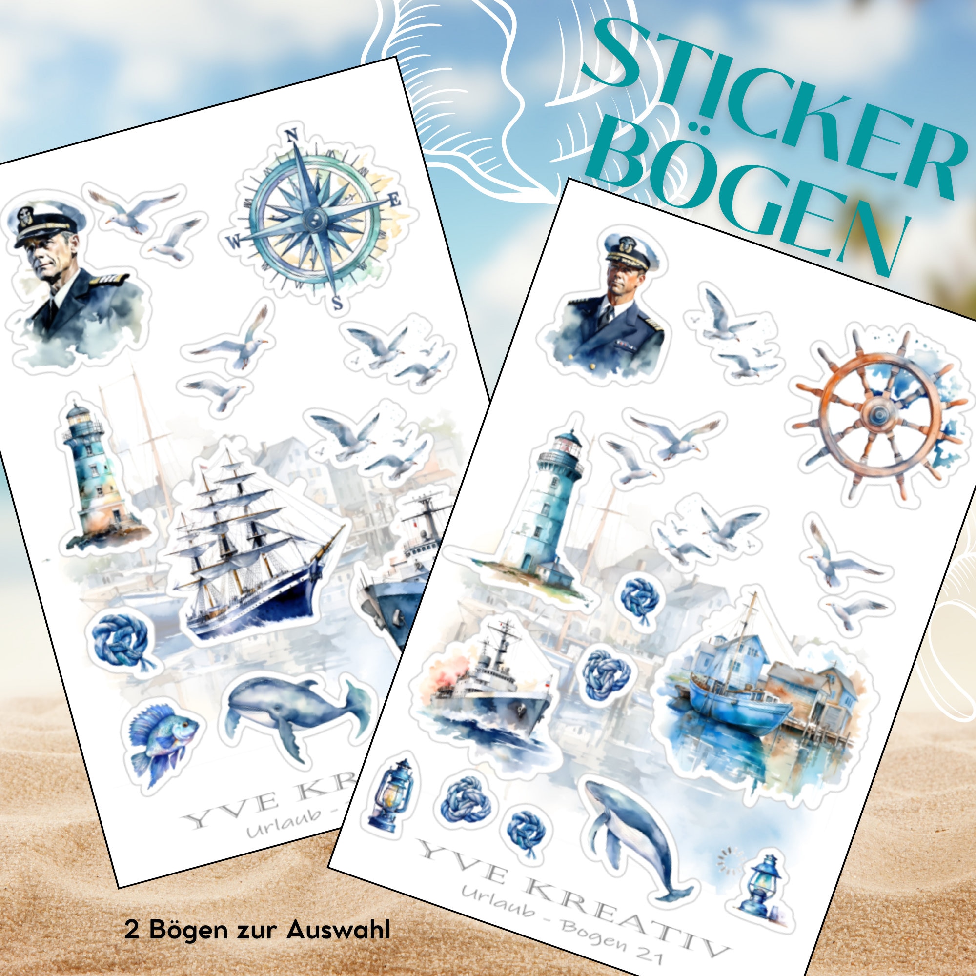 Sticker Bogen " Maritim Meer Urlaub Reisen " | Set - Aufkleber 2 Stickerbögen zur Auswahl in Weiß - Transparent - Matt - Glanz